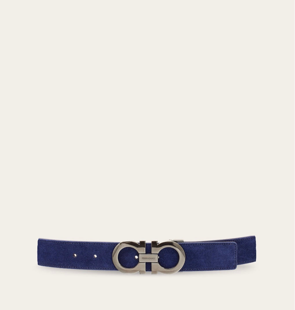 SALVATORE FERRAGAMO MEN'S DOUBLE GANCINI BUCKLE SUEDE BELT