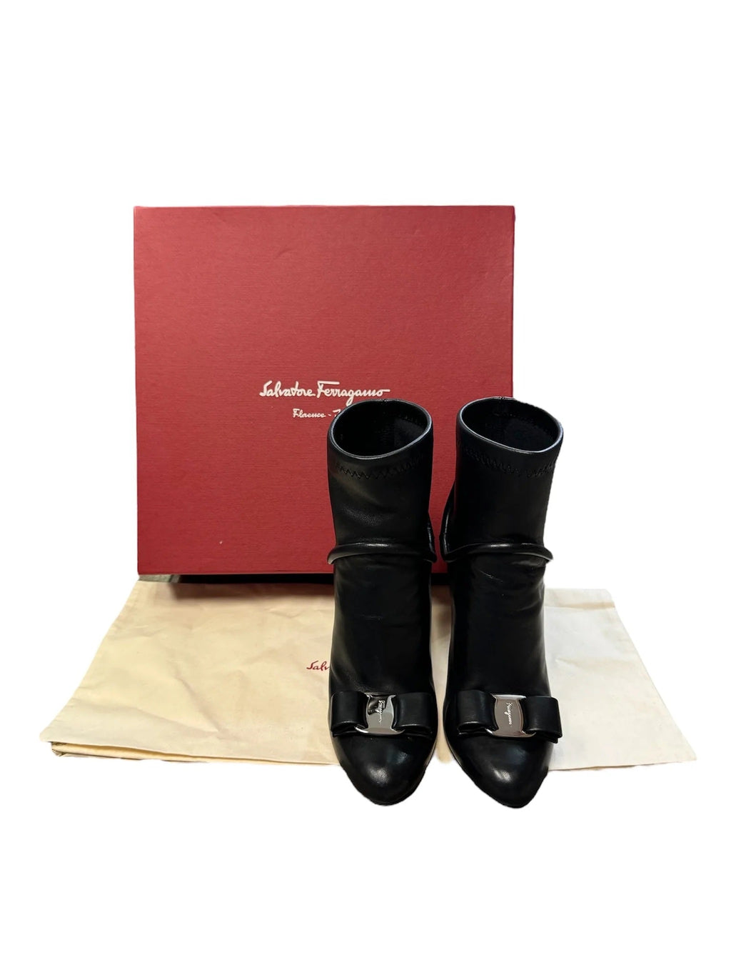 SALVATORE FERRAGAMO CALFSKIN LEATHER VARA ANKLE BOOTS
