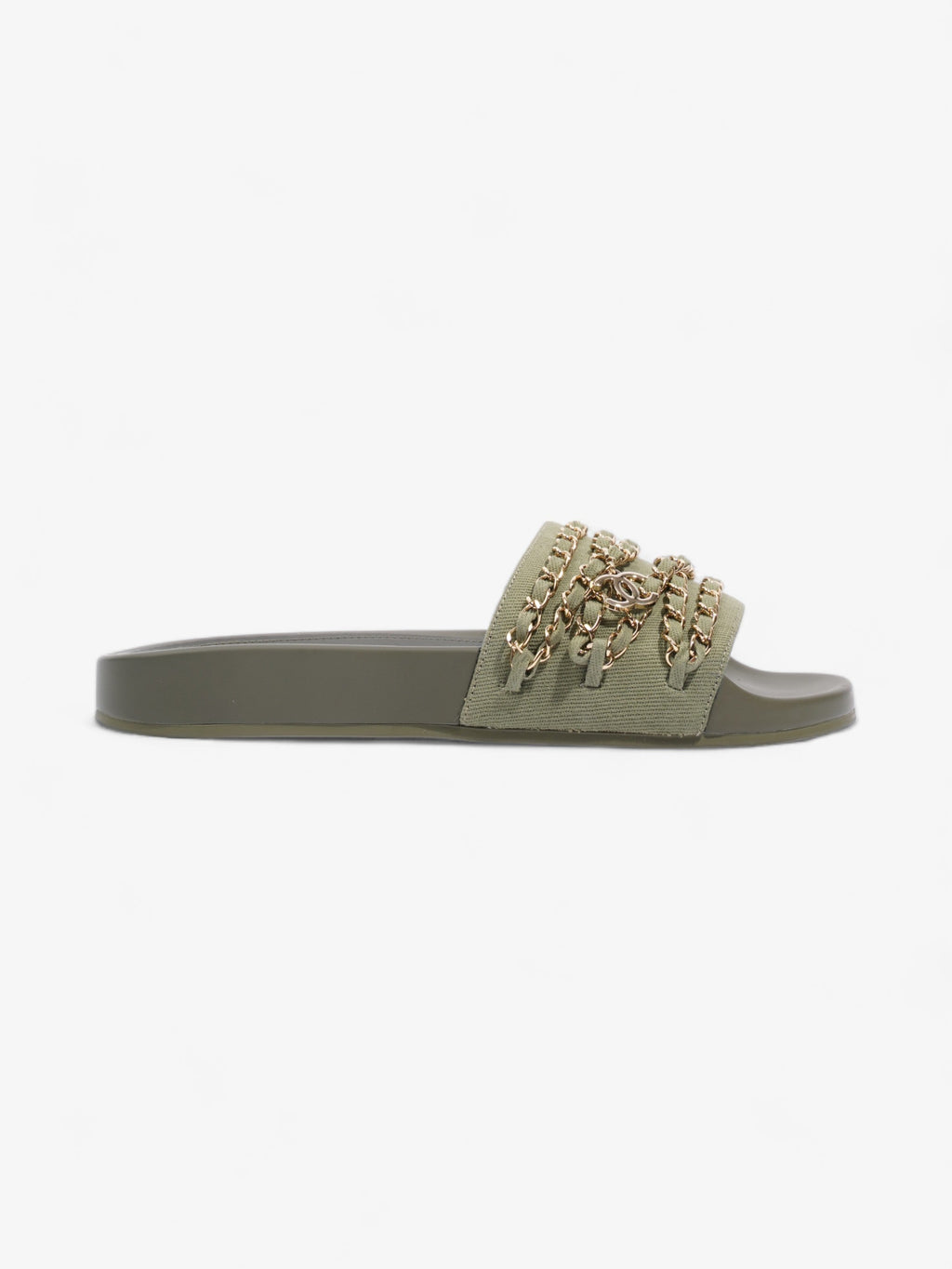 Chanel Chain Slides Khaki / Gold Canvas EU 38 UK 5