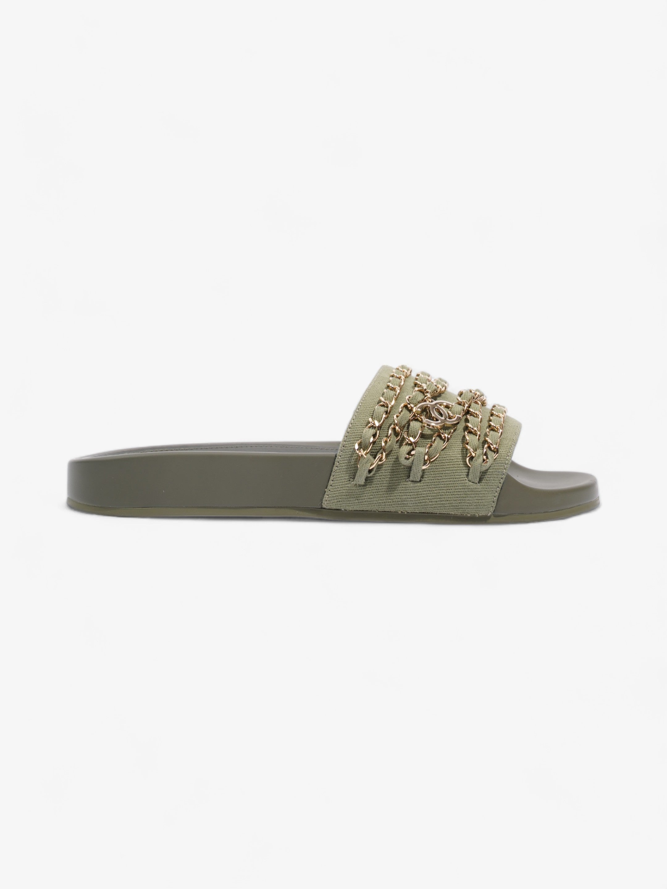Chanel Chain Slides Khaki / Gold Canvas EU 38 UK 5