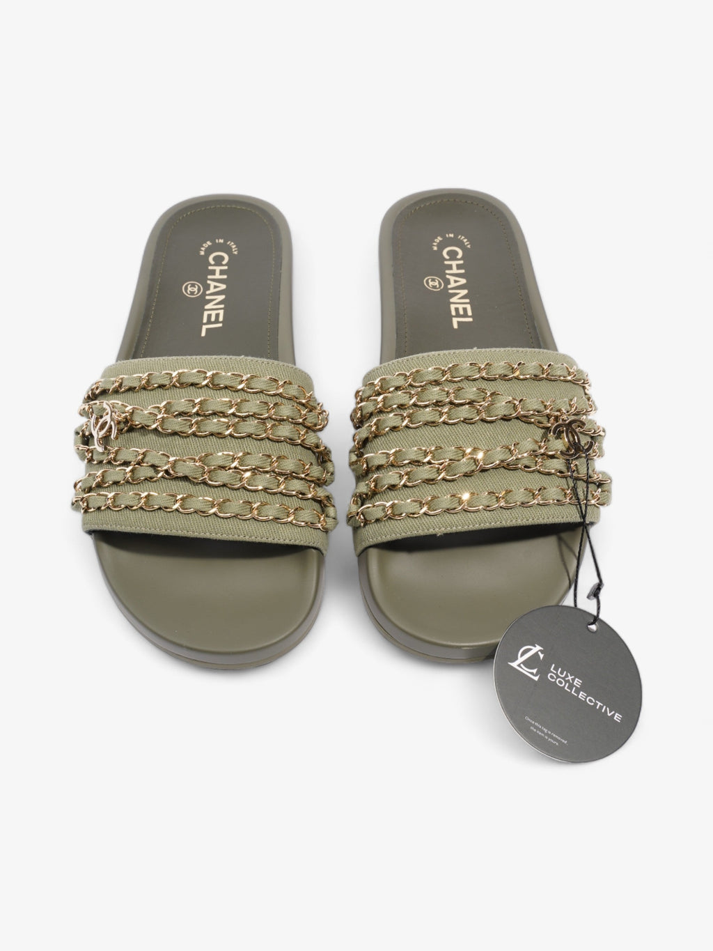 Chanel Chain Slides Khaki / Gold Canvas EU 38 UK 5