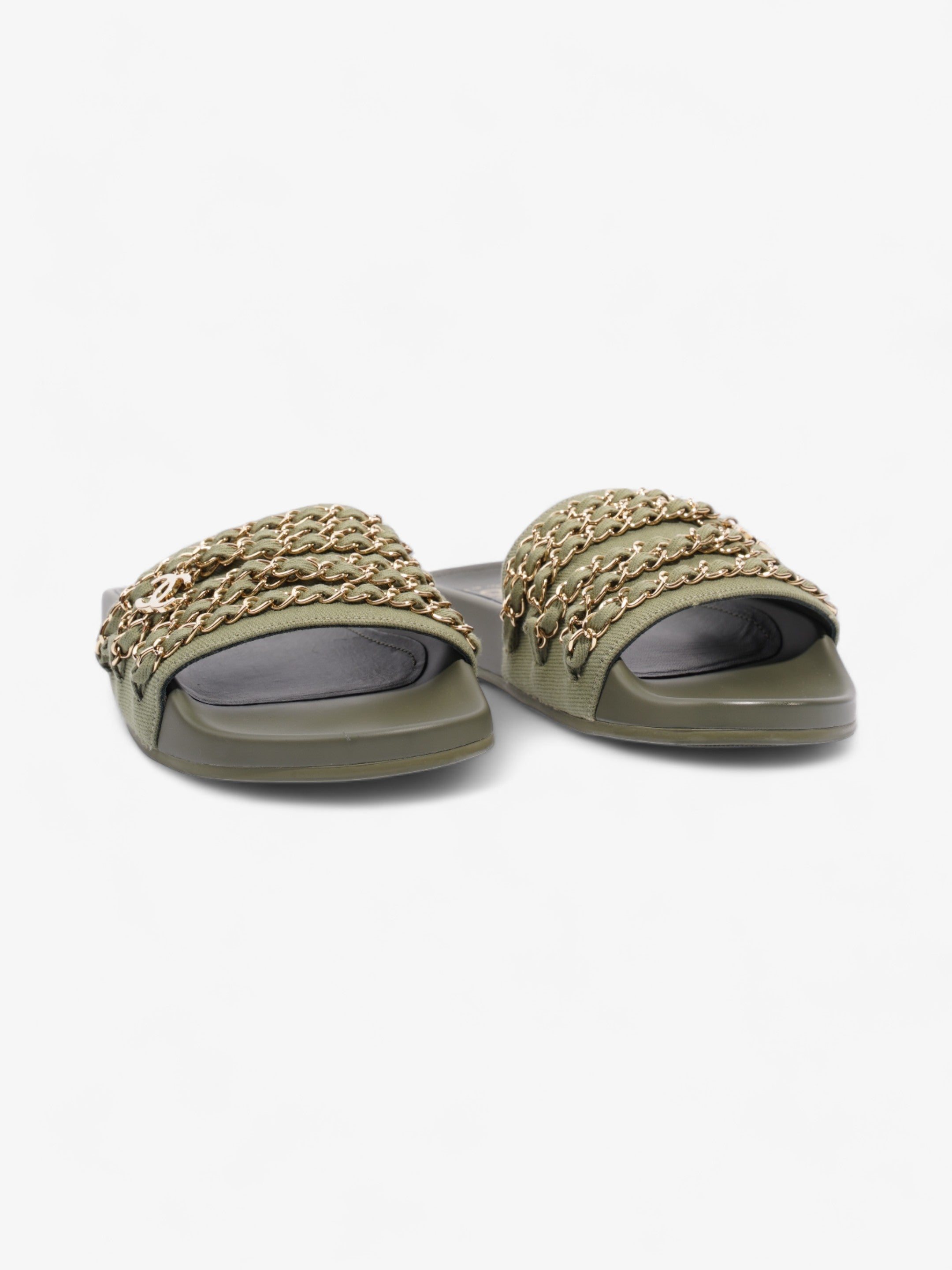 Chanel Chain Slides Khaki / Gold Canvas EU 38 UK 5