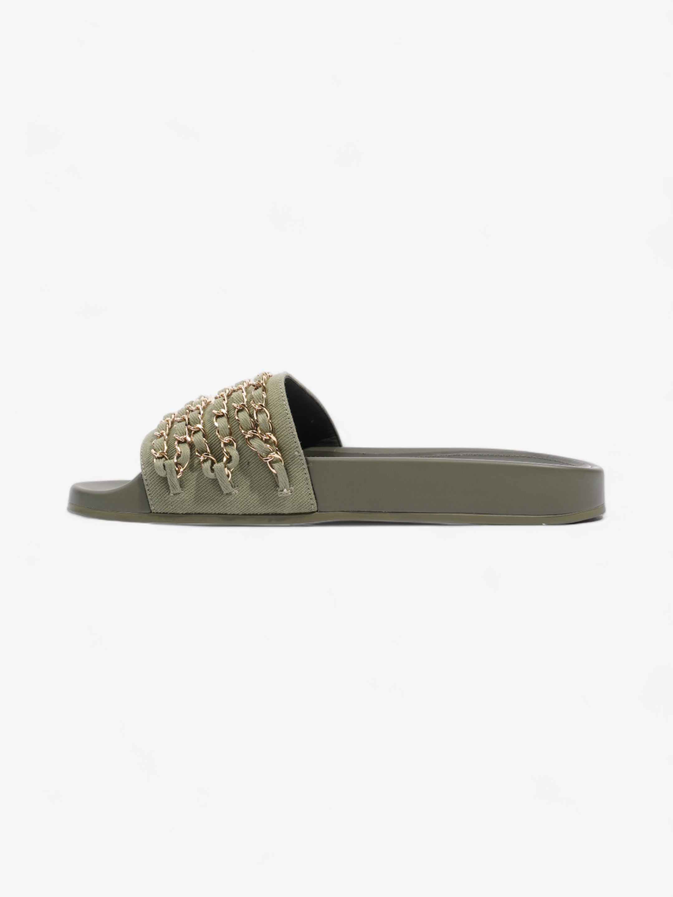 Chanel Chain Slides Khaki / Gold Canvas EU 38 UK 5