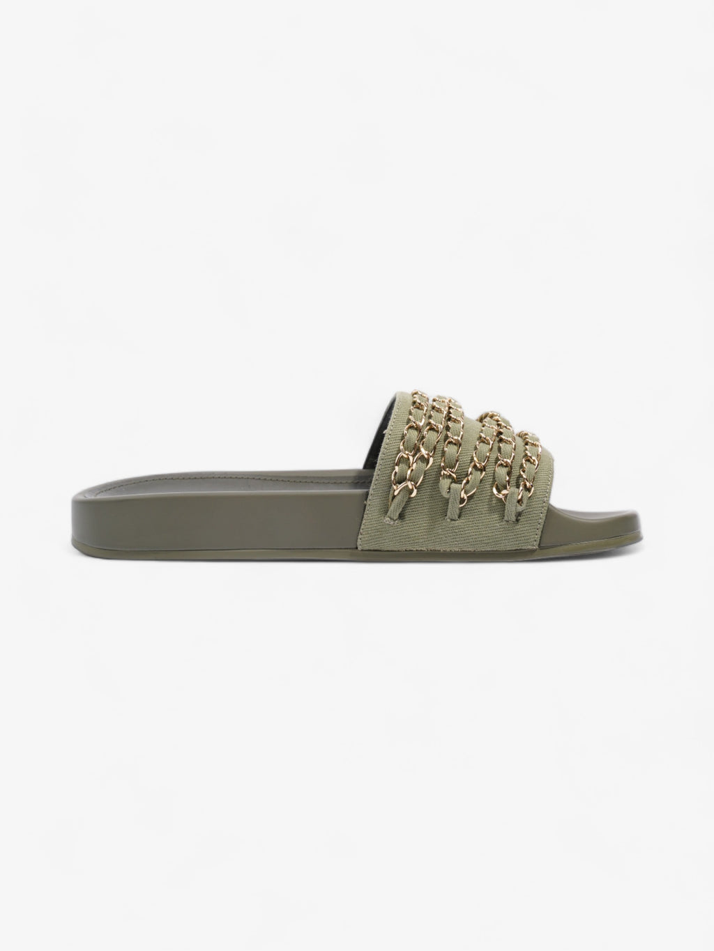 Chanel Chain Slides Khaki / Gold Canvas EU 38 UK 5