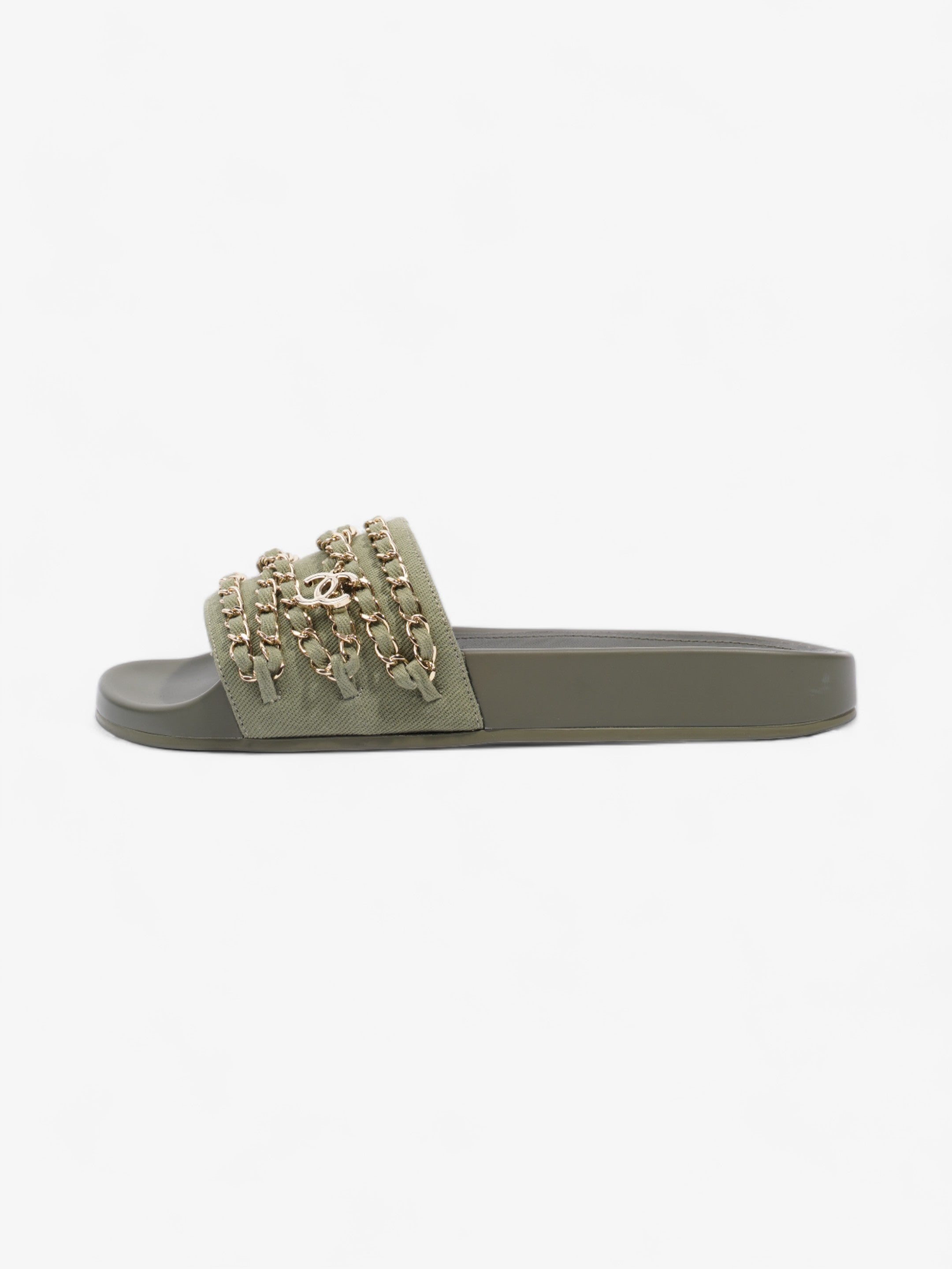 Chanel Chain Slides Khaki / Gold Canvas EU 38 UK 5