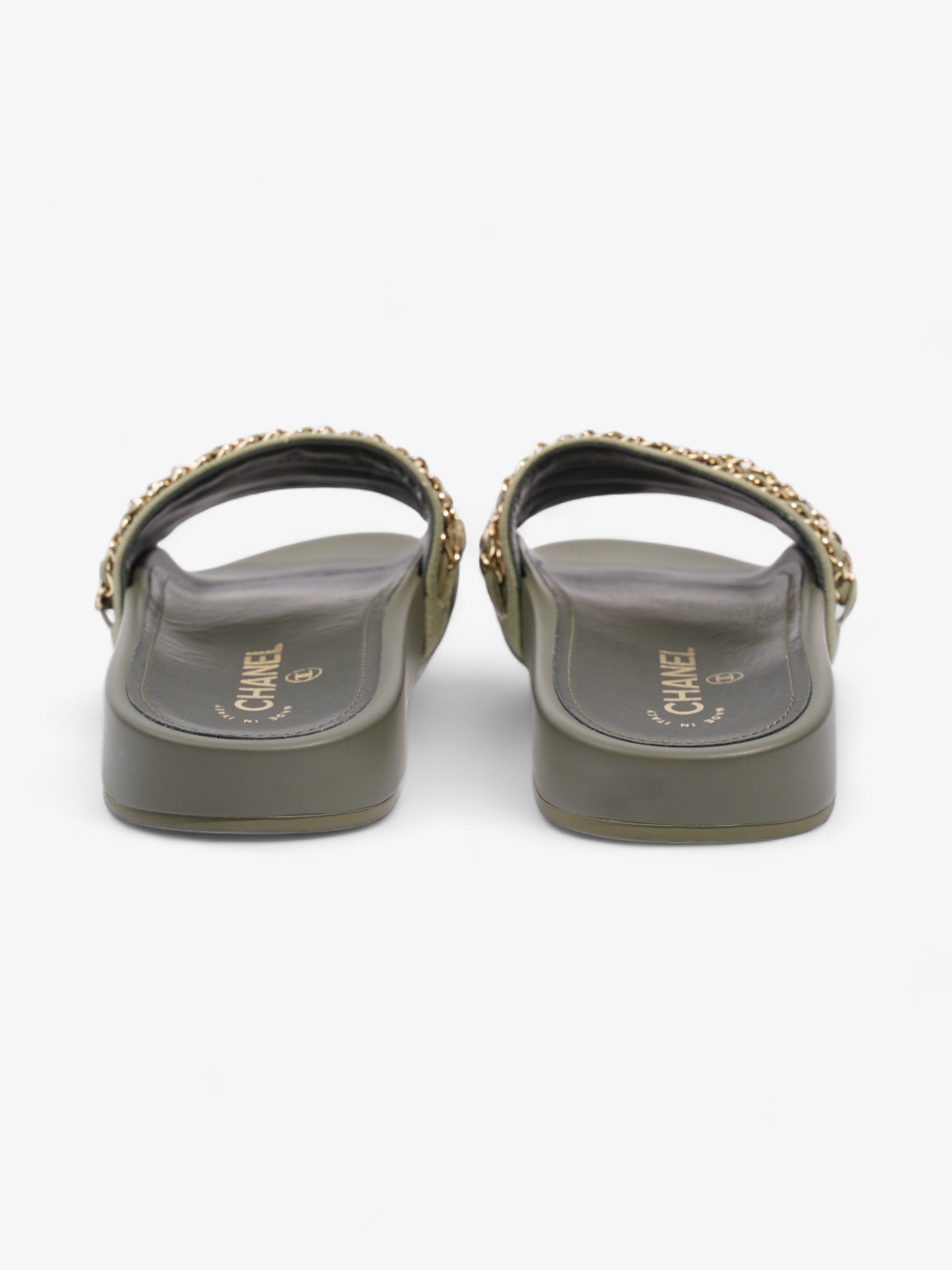 Chanel Chain Slides Khaki / Gold Canvas EU 38 UK 5