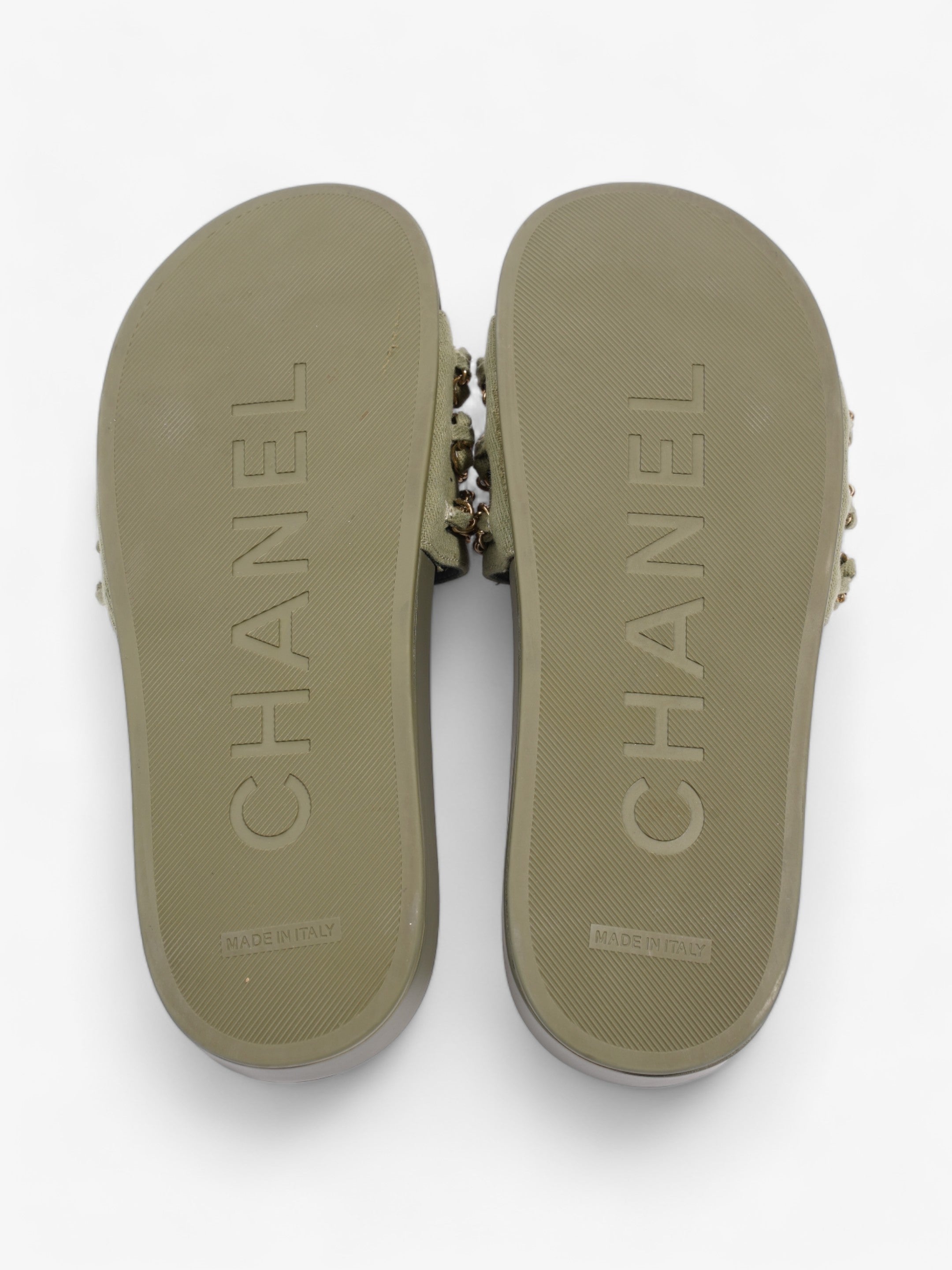 Chanel Chain Slides Khaki / Gold Canvas EU 38 UK 5