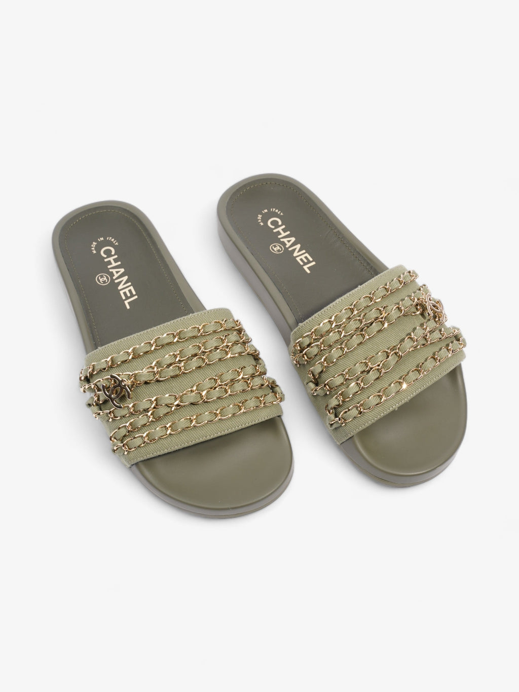 Chanel Chain Slides Khaki / Gold Canvas EU 38 UK 5