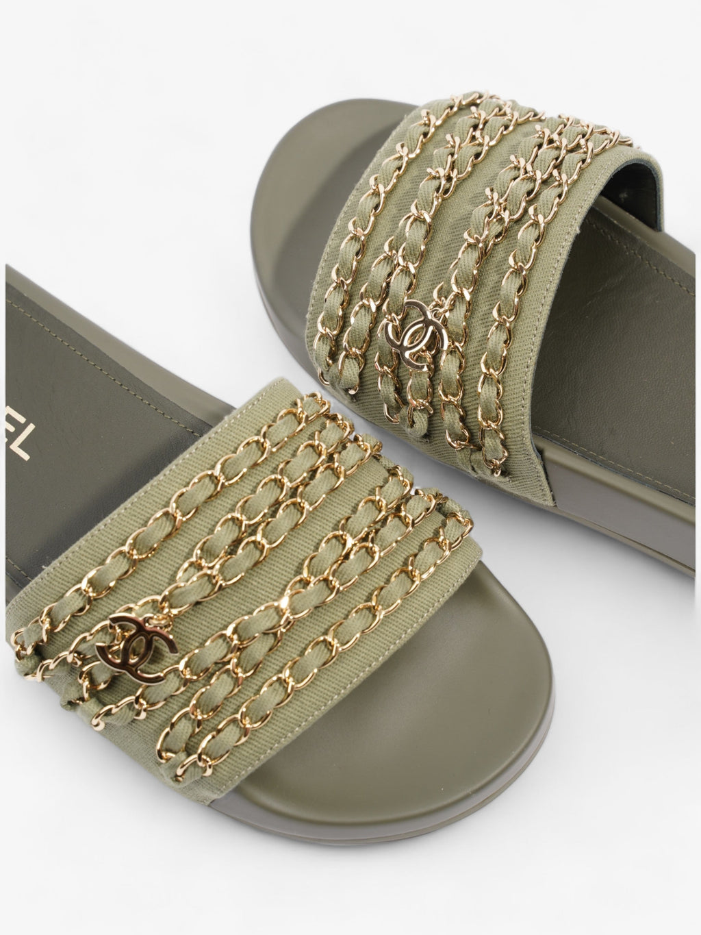 Chanel Chain Slides Khaki / Gold Canvas EU 38 UK 5