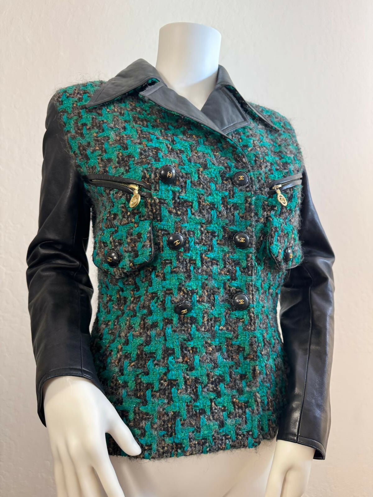 CHANEL VINTAGE 1992 HOUNDSTOOTH TWEED LEATHER JACKET