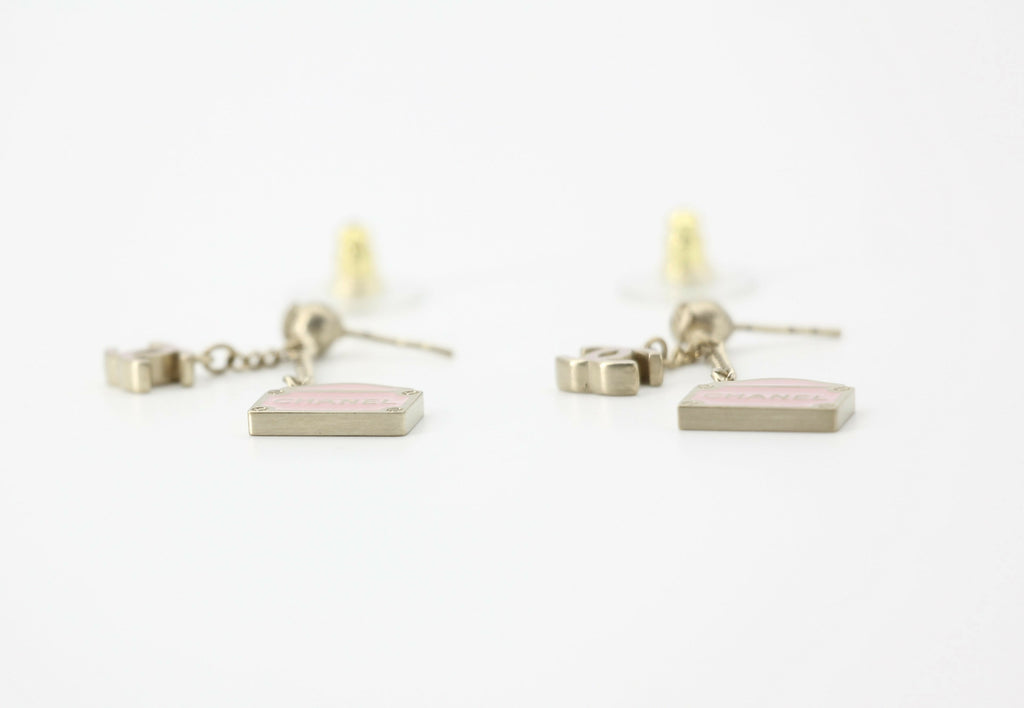 Chanel Vintage 01 Enamel Pink Purse Rue Cambon CC Dangle Stud Earrings