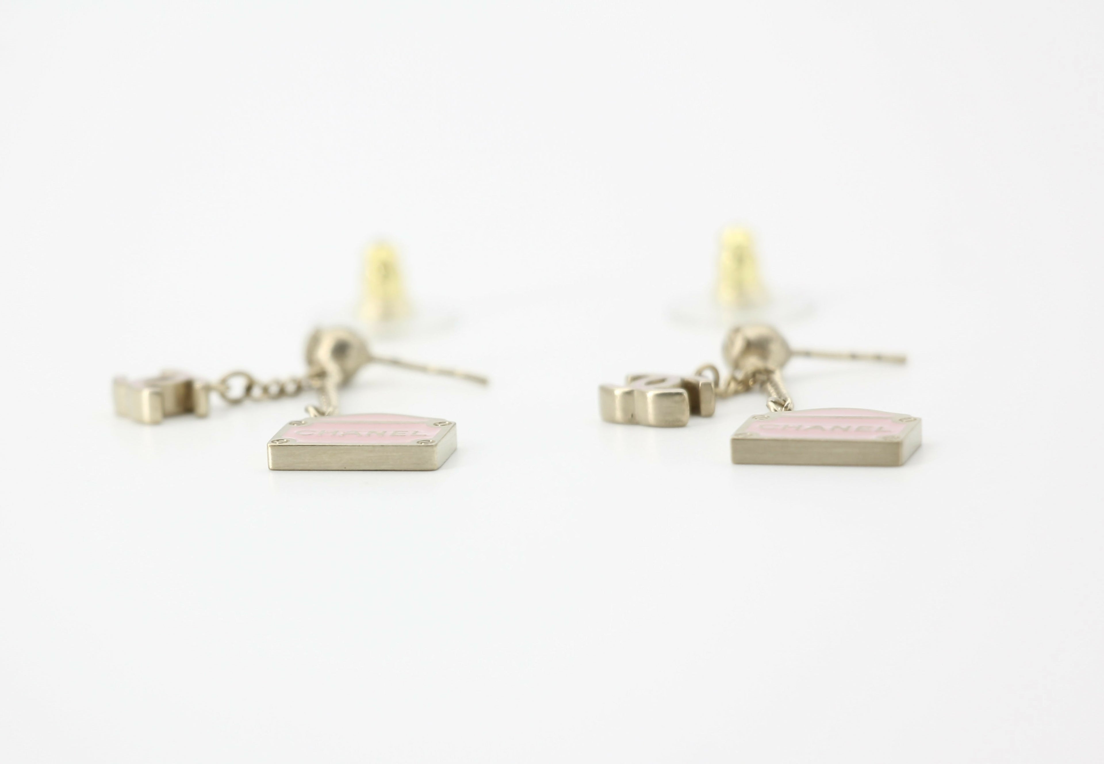 Chanel Vintage 01 Enamel Pink Purse Rue Cambon CC Dangle Stud Earrings