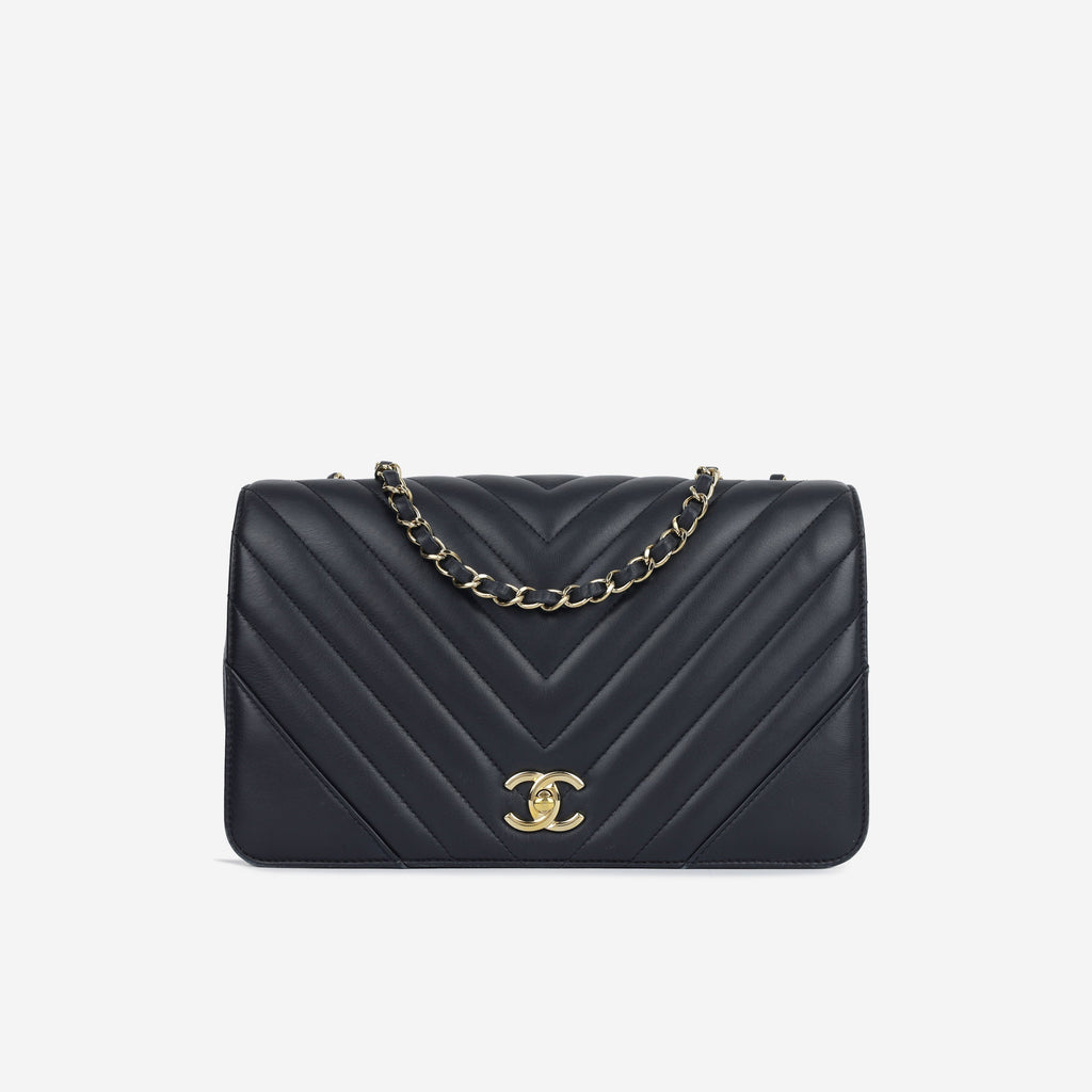 Chanel Large Classic Chevron Flap - Navy