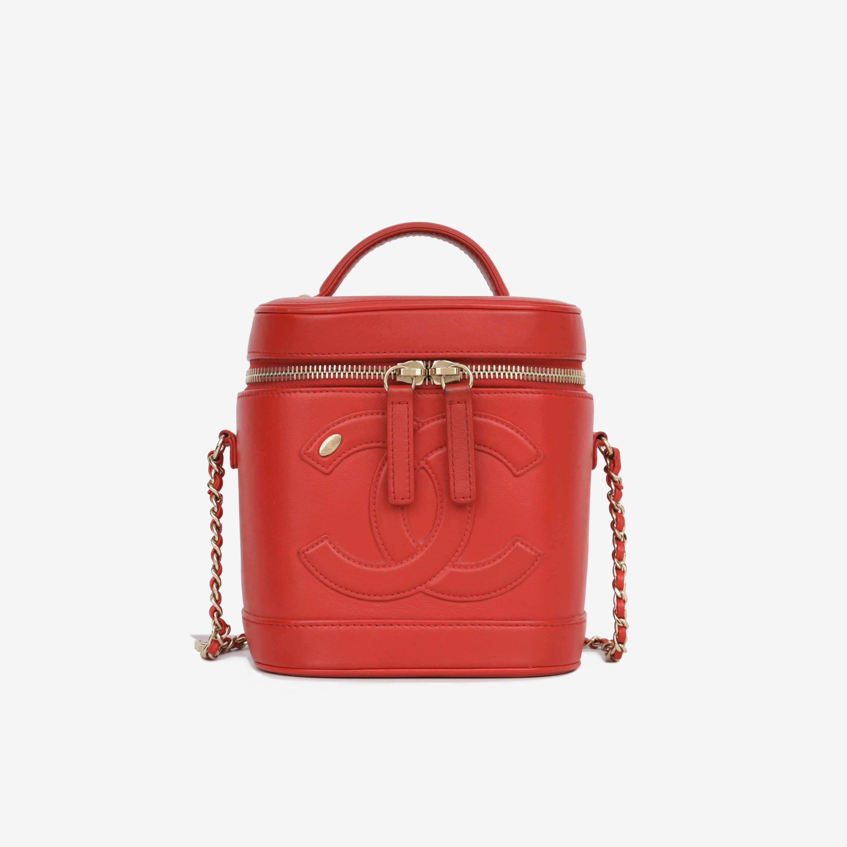 Chanel CC Timeless Vanity Case - Red Lambskin | Champagne Gold