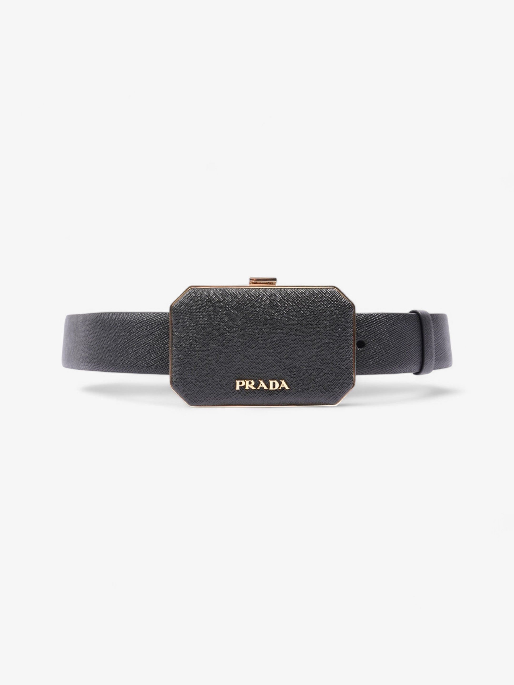 Prada Octagon Logo Belt with Bag Black / Gold Saffiano Leather 80cm / 32"