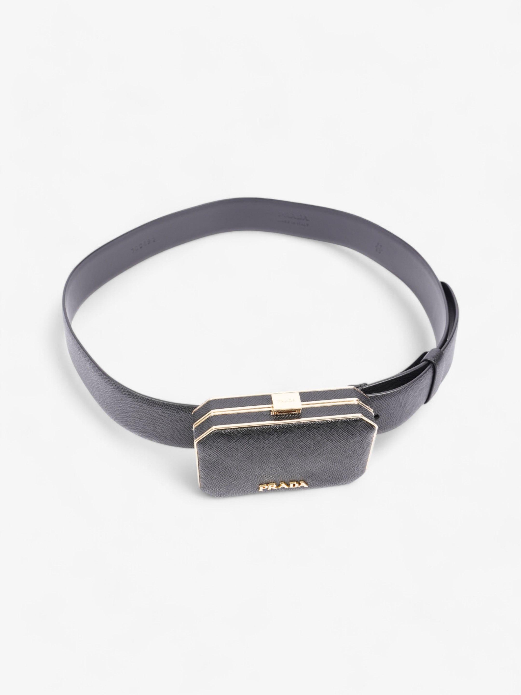 Prada Octagon Logo Belt with Bag Black / Gold Saffiano Leather 80cm / 32"