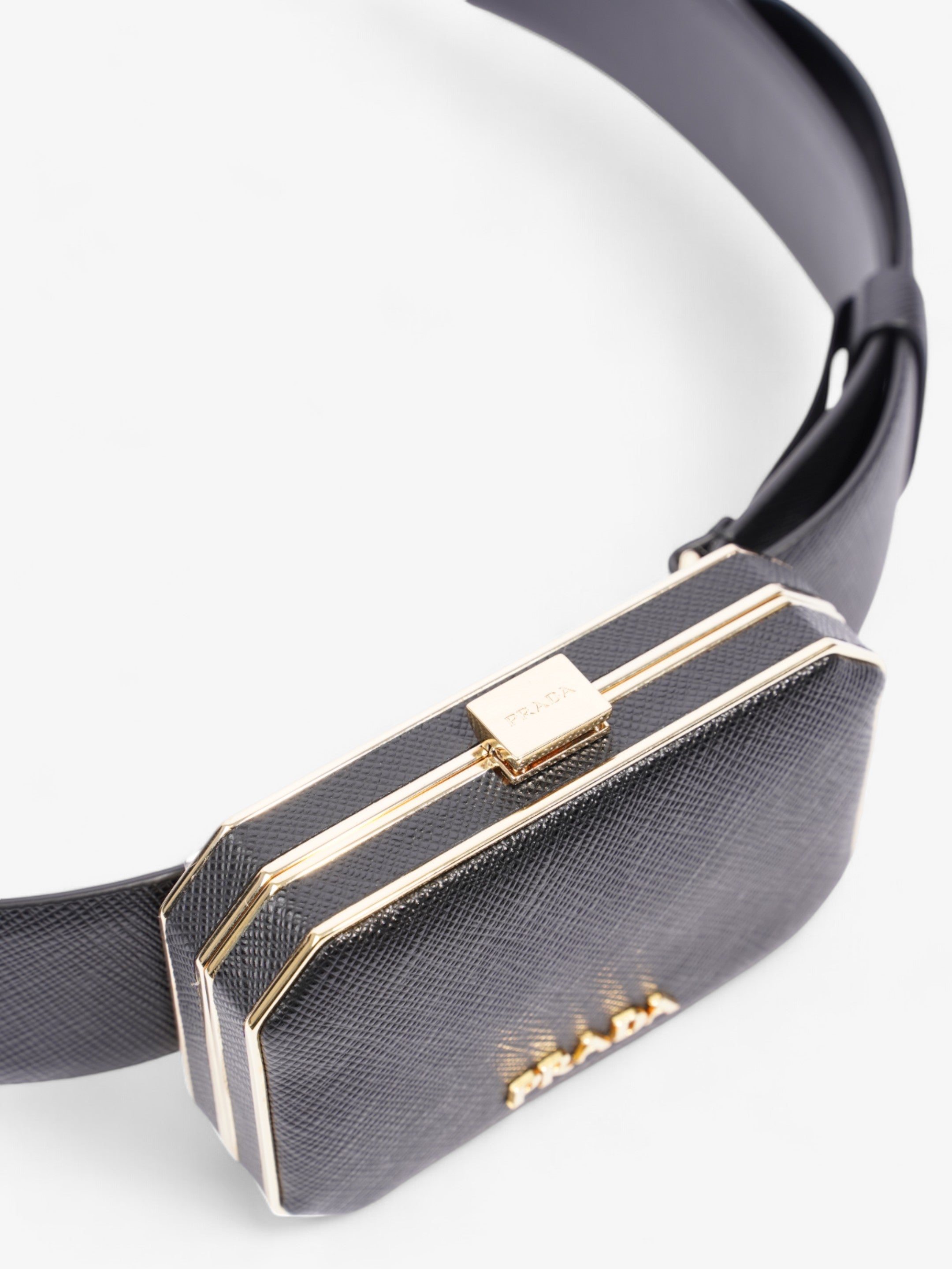 Prada Octagon Logo Belt with Bag Black / Gold Saffiano Leather 80cm / 32"