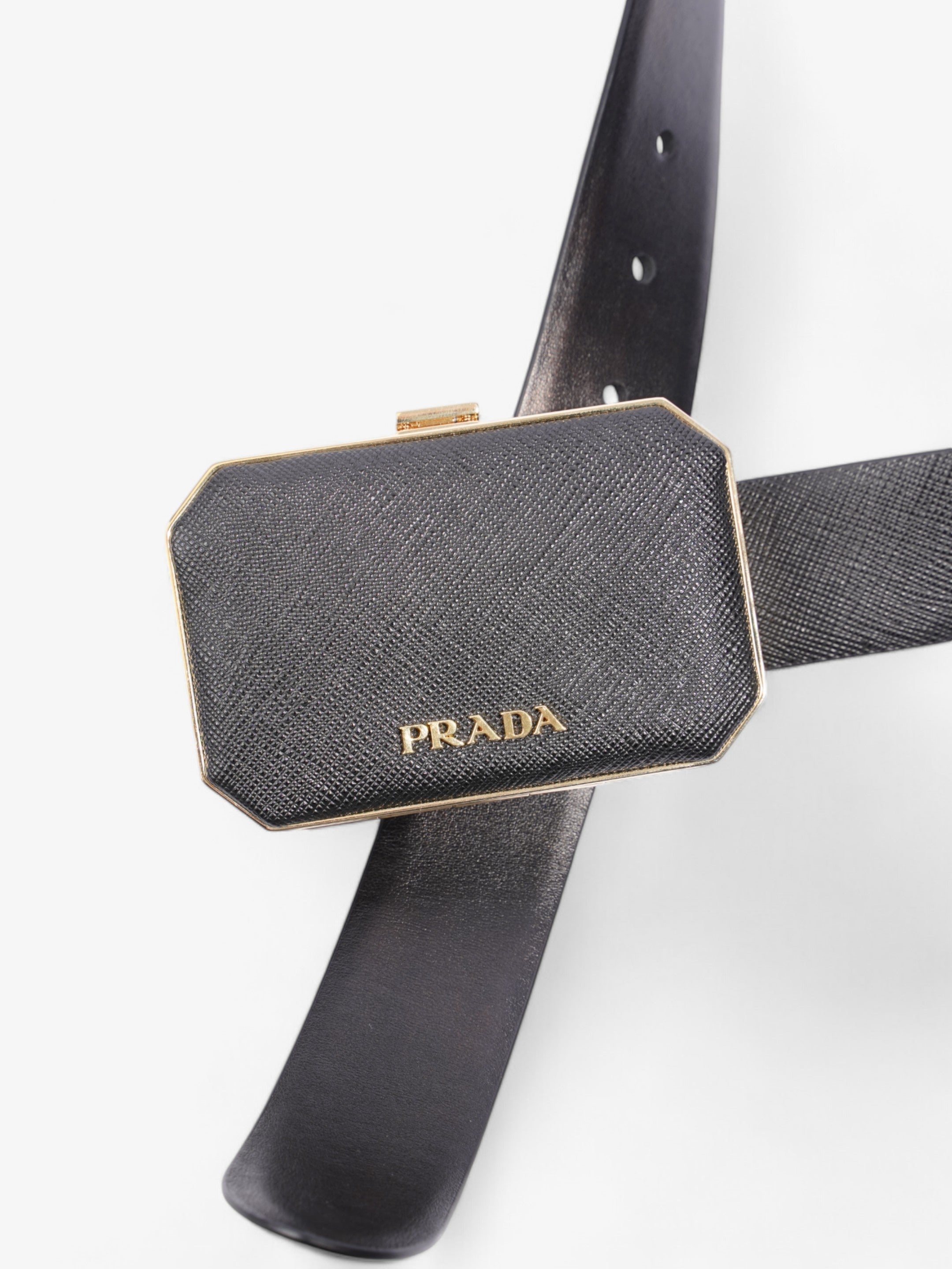 Prada Octagon Logo Belt with Bag Black / Gold Saffiano Leather 80cm / 32"
