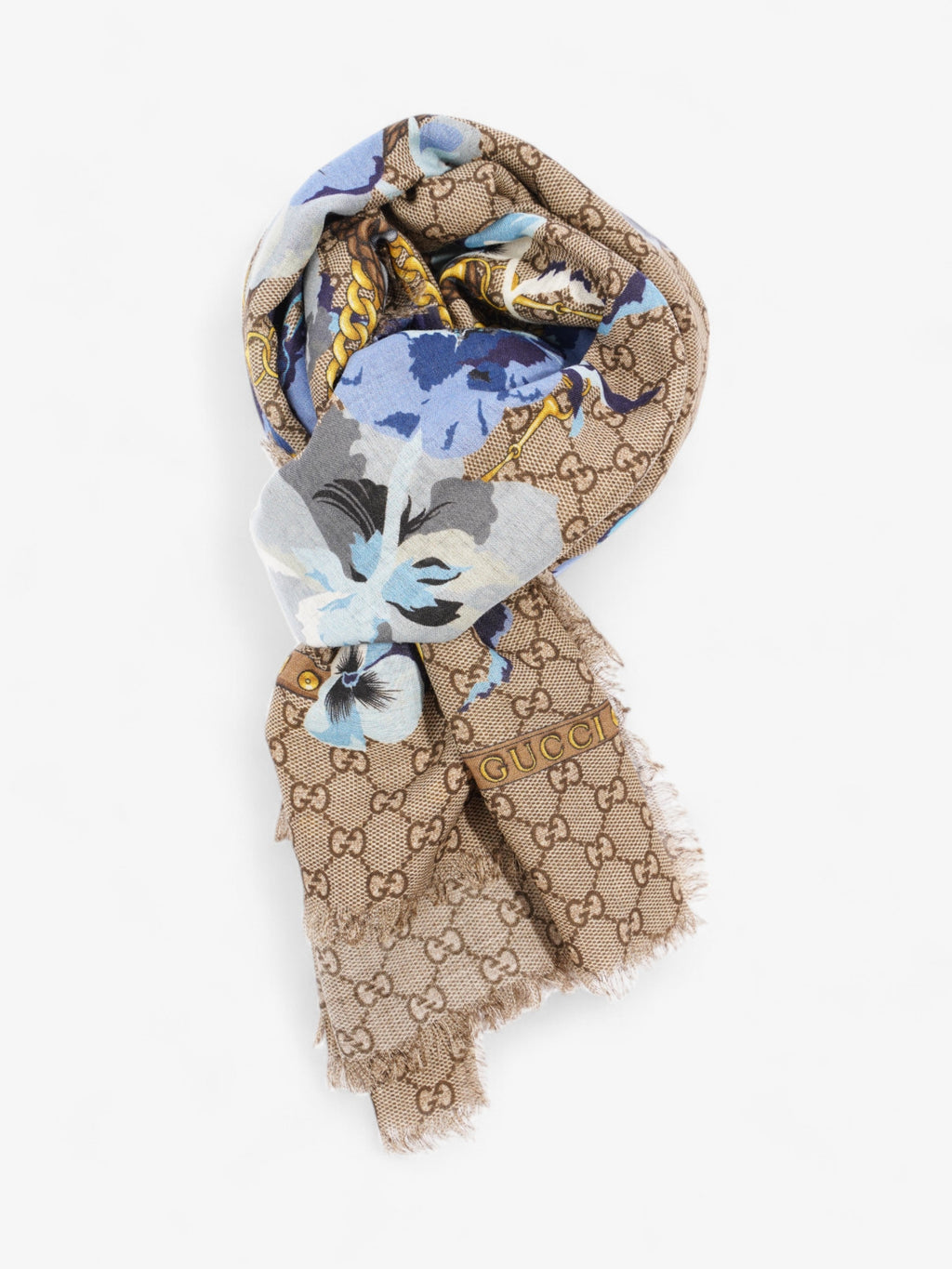 Gucci GG Floral Print Scarf GG Supreme / Blue / Gold Wool