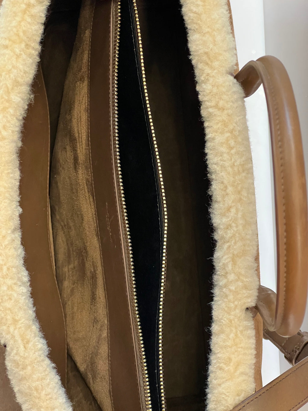 SAINT LAURENT SAC DE JOUR SHEARLING TRIM LEATHER TOTE BAG