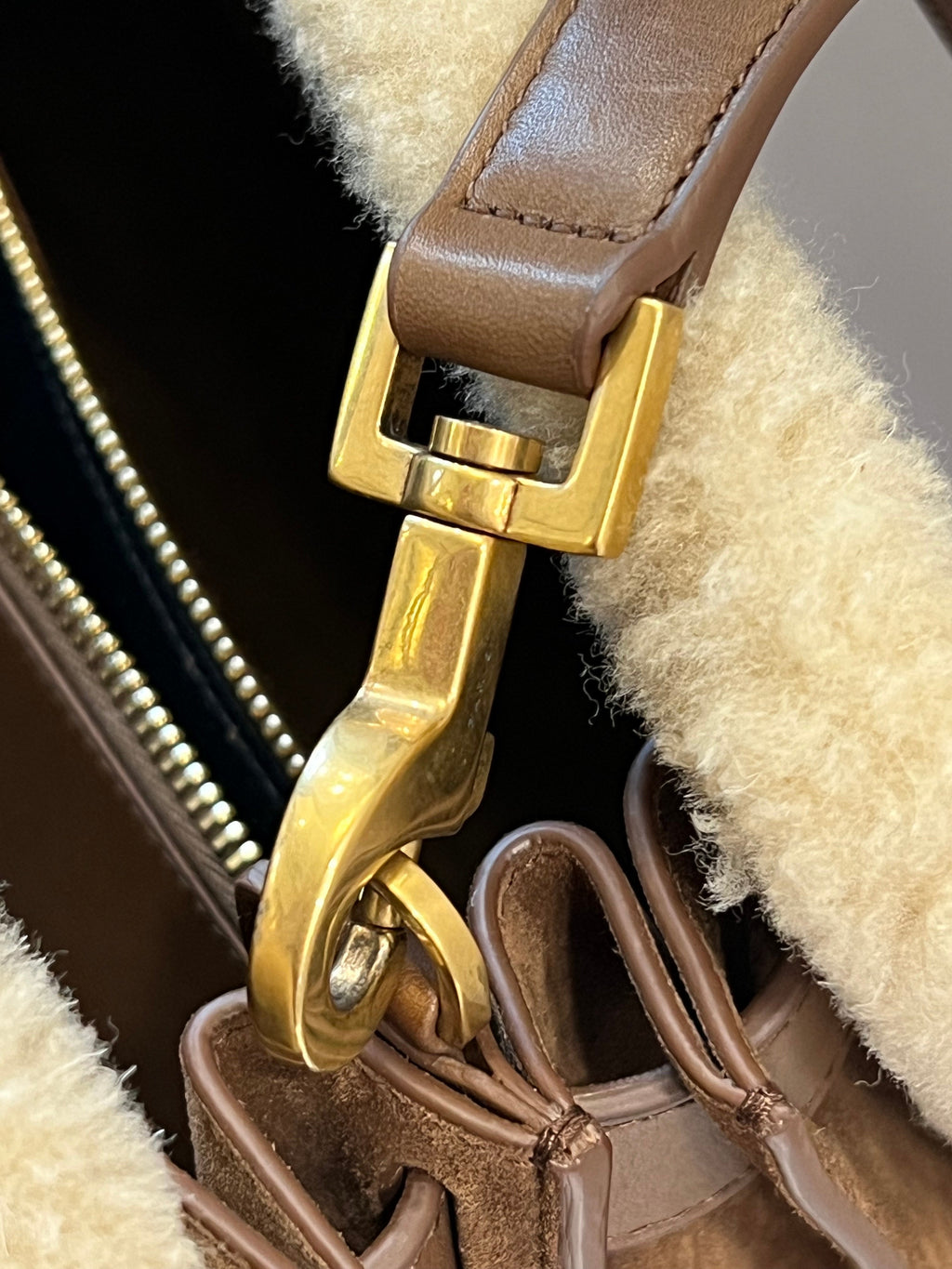 SAINT LAURENT SAC DE JOUR SHEARLING TRIM LEATHER TOTE BAG