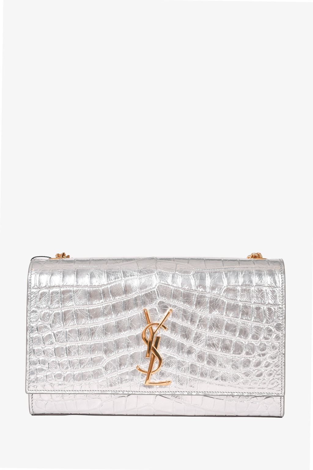 Saint Laurent 2015 Silver Croc Embossed Leather Medium Kate Crossbody