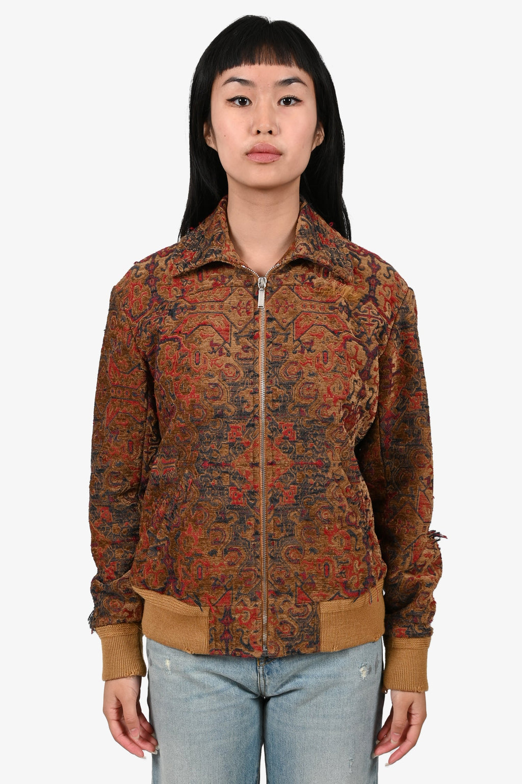 Saint Laurent 2016 Brown/Red Distressed Tapestry Jacquard Zip-Up Jacket Size 36