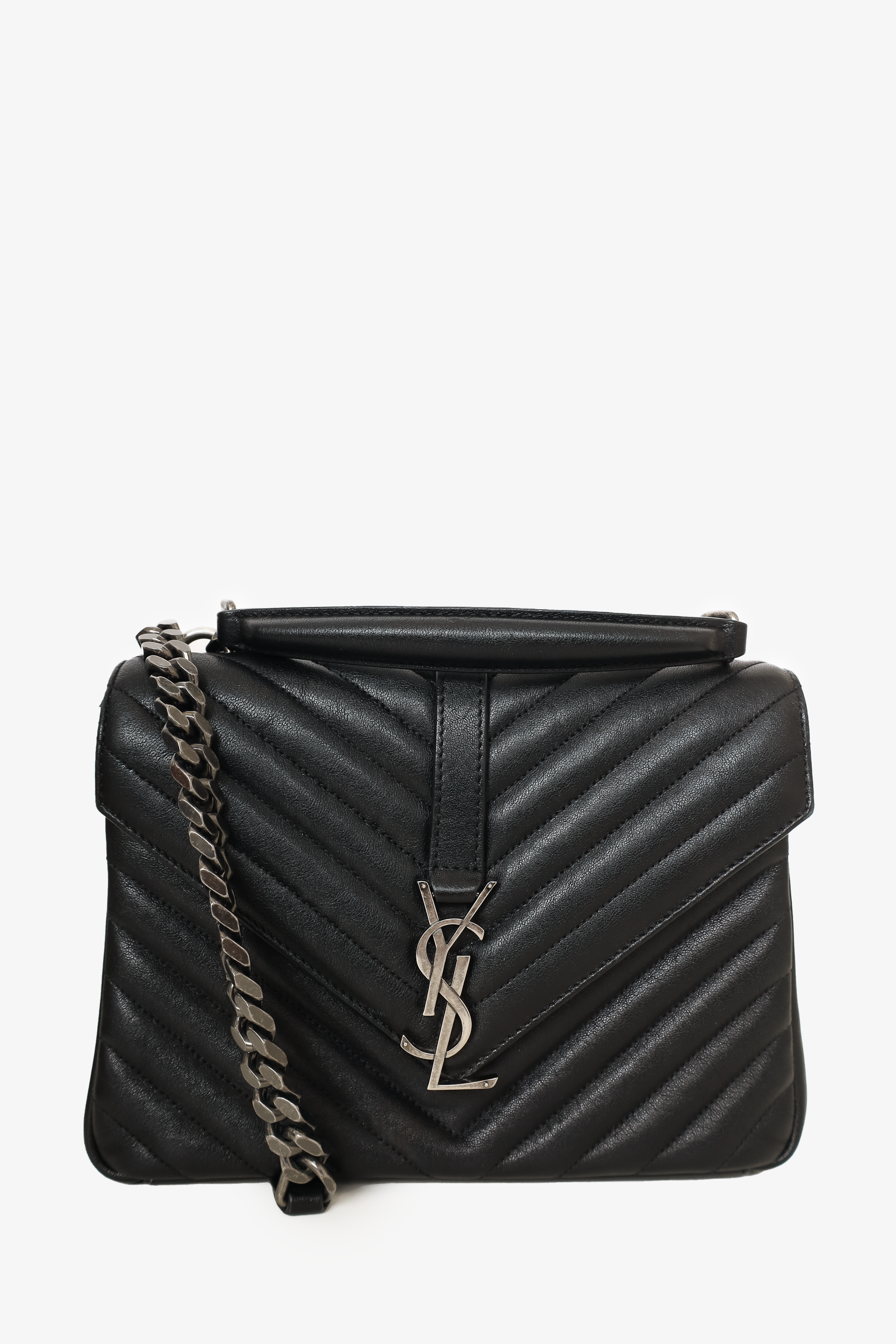Saint Laurent 2017 Black Leather Chevron Medium College Crossbody Bag