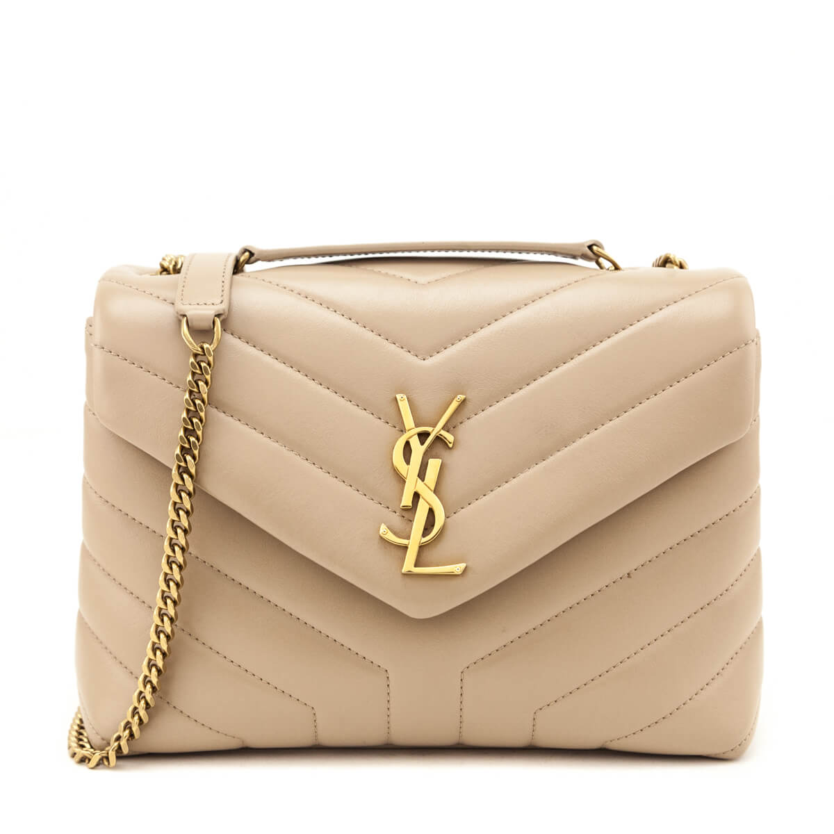 Saint Laurent Beige Calfskin Y Quilted Monogram Small Loulou Chain Satchel