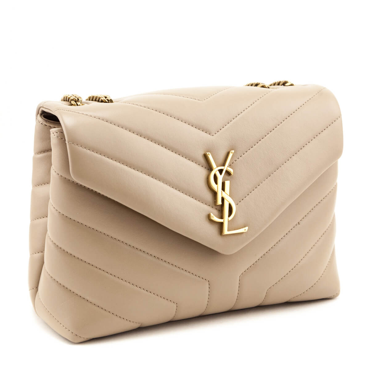 Saint Laurent Beige Calfskin Y Quilted Monogram Small Loulou Chain Satchel