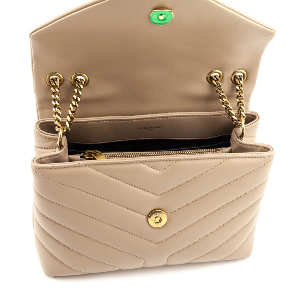 Saint Laurent Beige Calfskin Y Quilted Monogram Small Loulou Chain Satchel