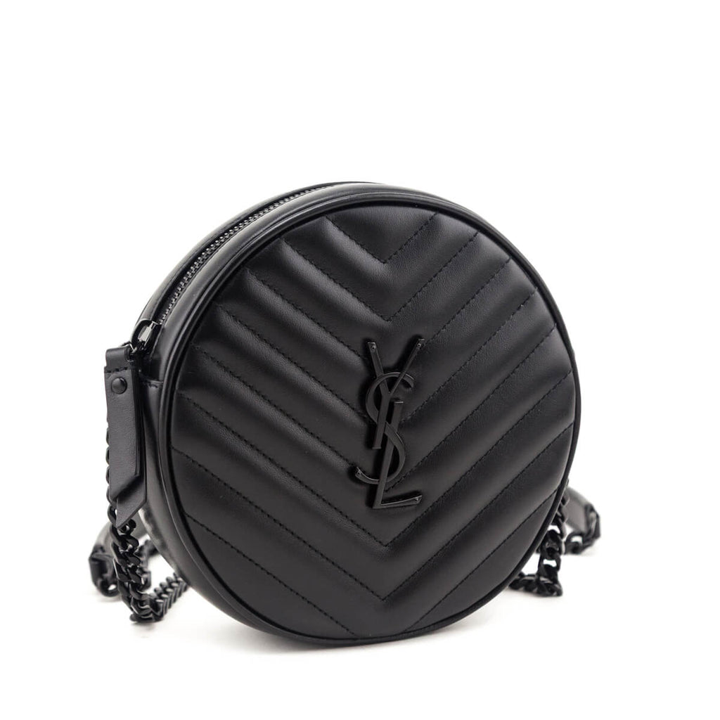Saint Laurent Black Calfskin Matelasse Chevron Round Vinyle Camera Bag