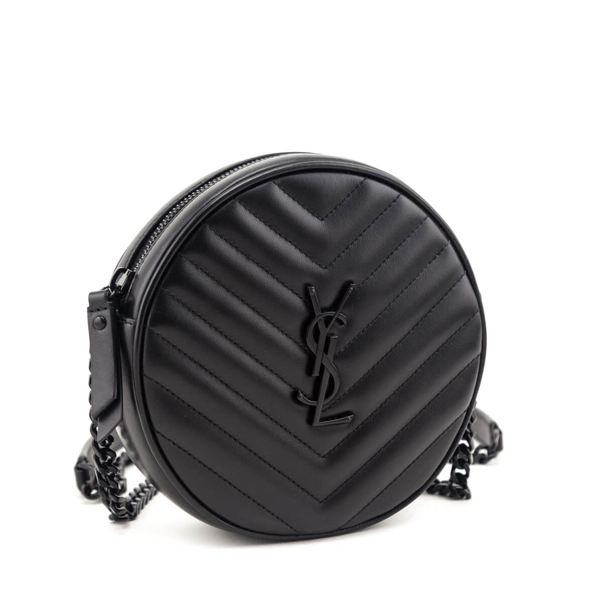 Saint Laurent Black Calfskin Matelasse Chevron Round Vinyle Camera Bag