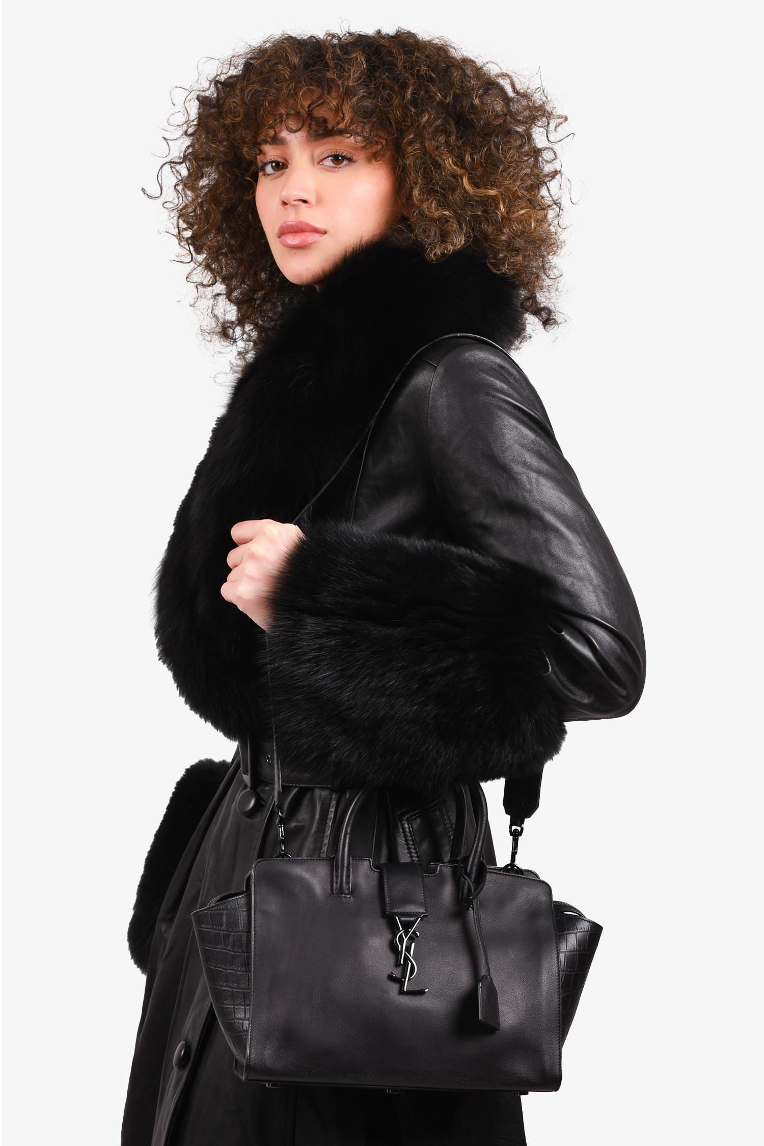 Saint Laurent Black Embossed Trim Leather Downtown Baby Cabas Tote with Strap