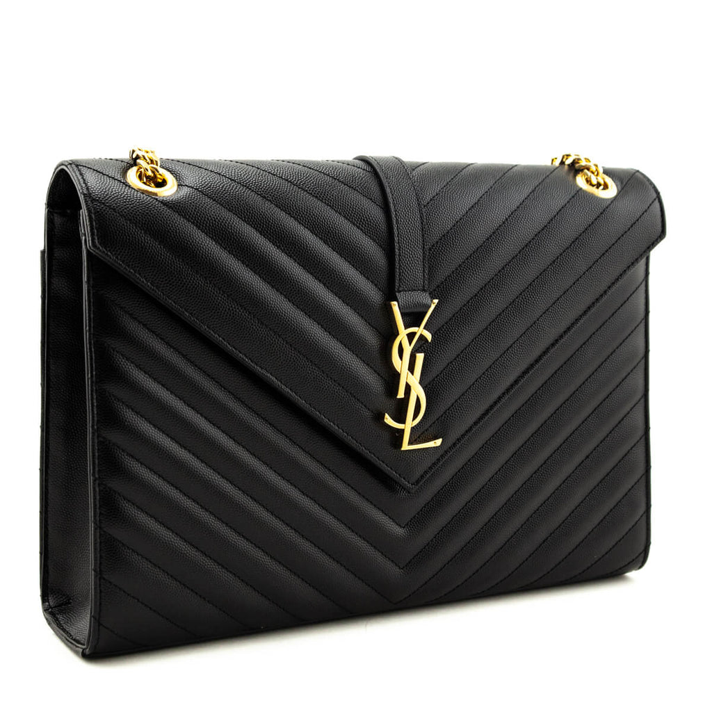 Saint Laurent Black Grain De Poudre Matelasse Chevron Large Monogram Satchel