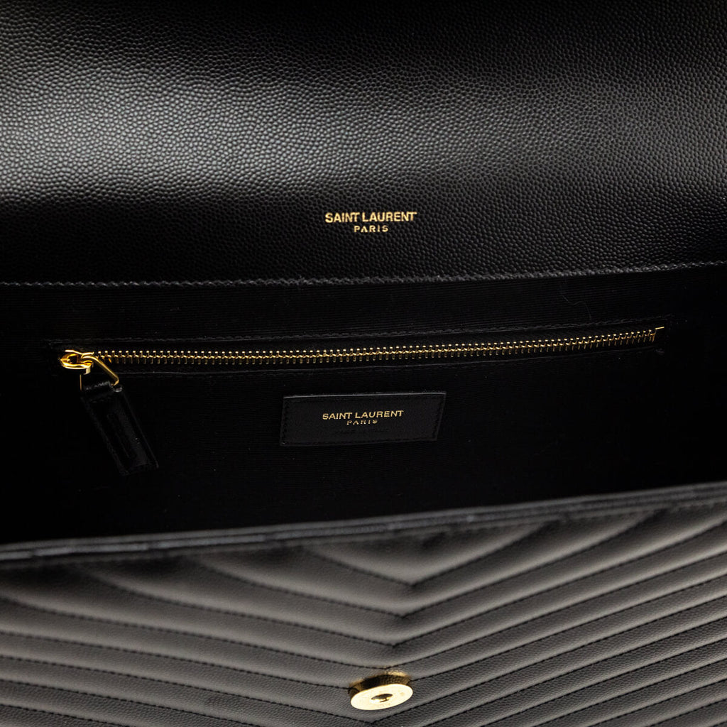 Saint Laurent Black Grain De Poudre Matelasse Chevron Large Monogram Satchel