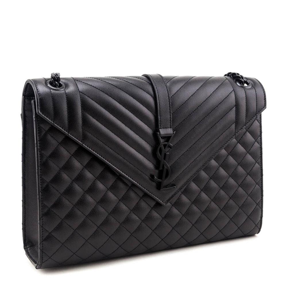 Saint Laurent Black Grain de Poudre Mixed Matelasse Triquilt Large Monogram Satchel