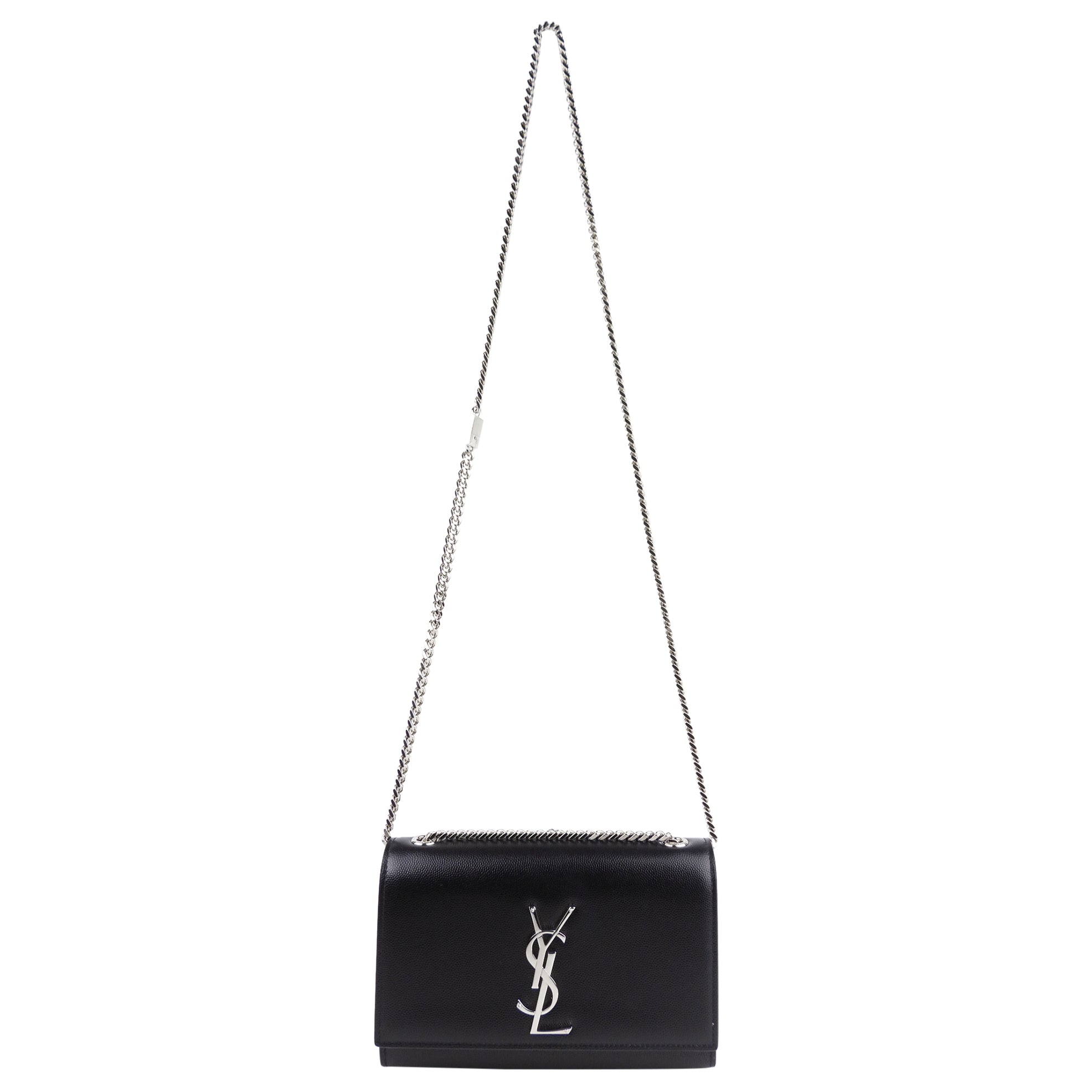 Saint Laurent Black Grained Leather Small YSL Kate Chain Crossbody Shoulder Bag