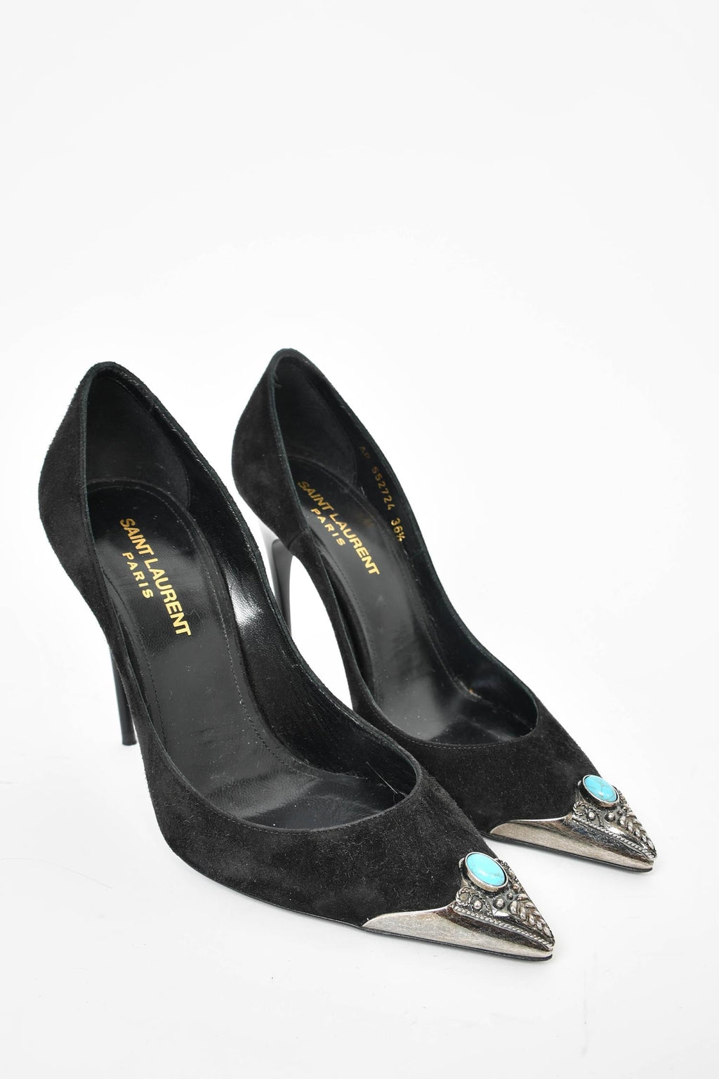 Saint Laurent Black Suede Turquoise Cap Toe Heels Size 36.5
