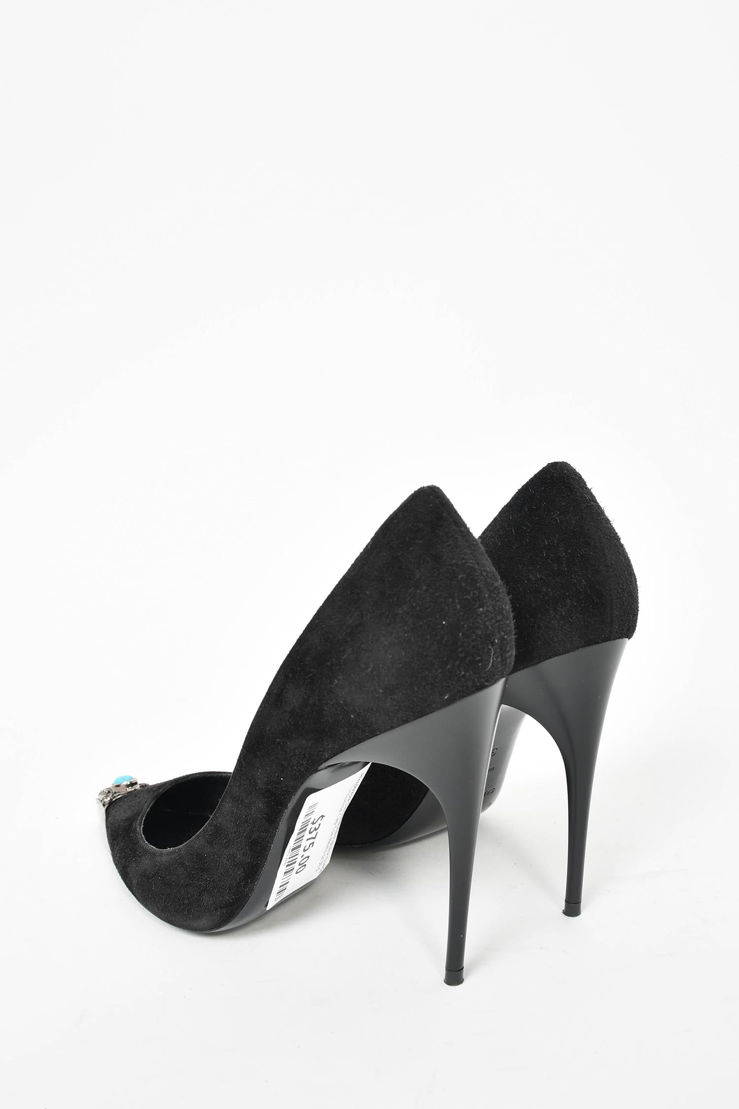 Saint Laurent Black Suede Turquoise Cap Toe Heels Size 36.5