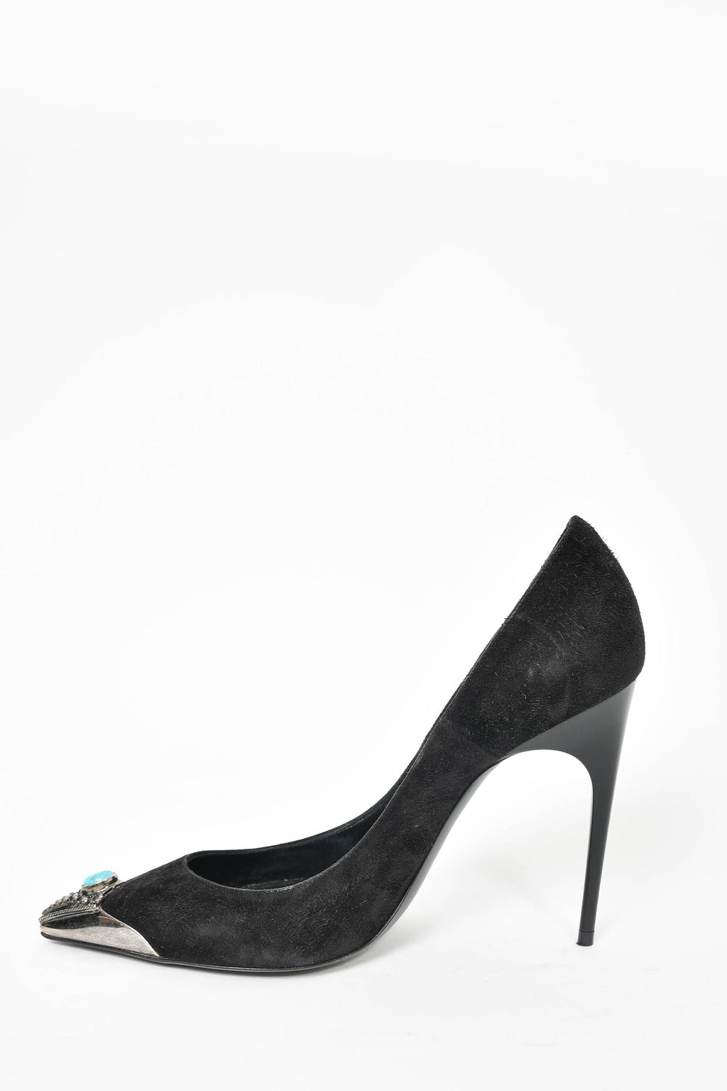 Saint Laurent Black Suede Turquoise Cap Toe Heels Size 36.5