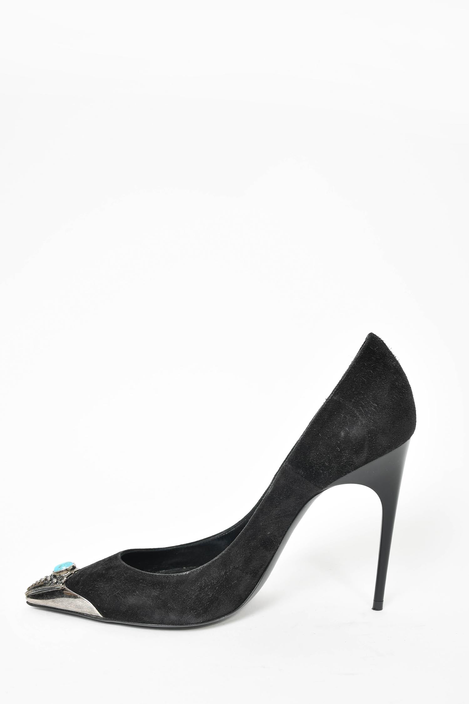 Saint Laurent Black Suede Turquoise Cap Toe Heels Size 36.5