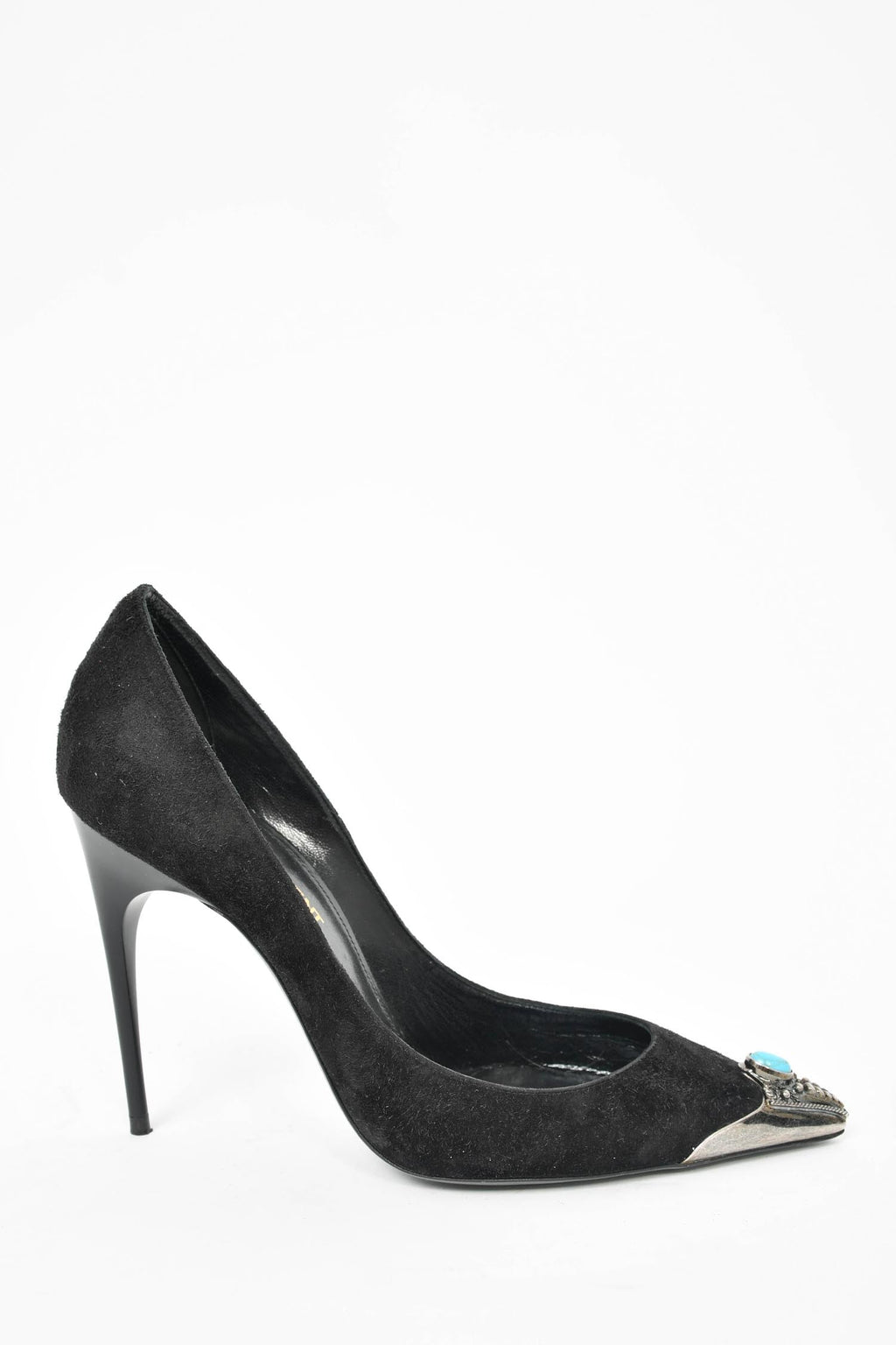 Saint Laurent Black Suede Turquoise Cap Toe Heels Size 36.5