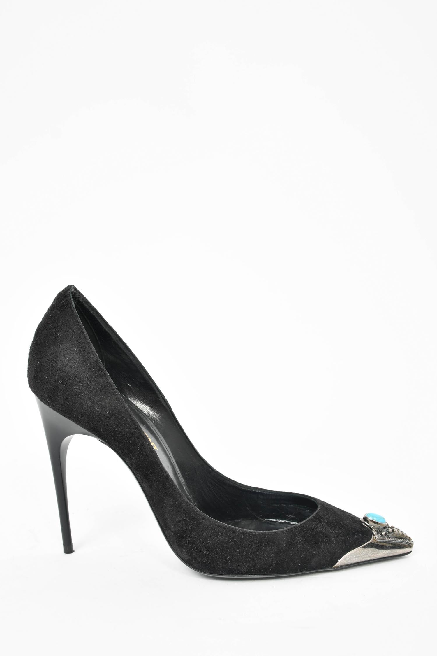 Saint Laurent Black Suede Turquoise Cap Toe Heels Size 36.5