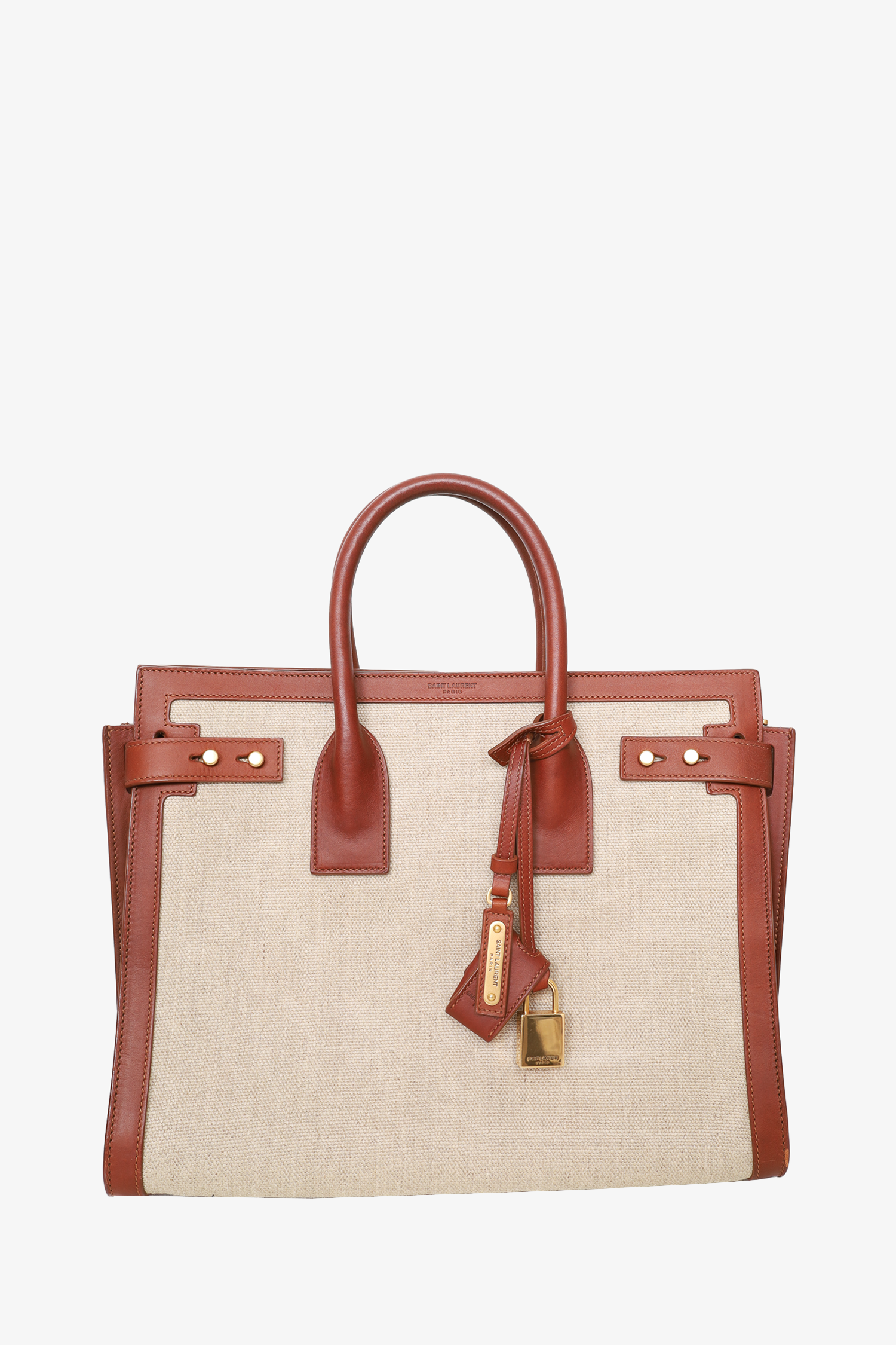 Saint Laurent Brown/Beige Linen Calfskin Medium Souple Sac De Jour Cognac