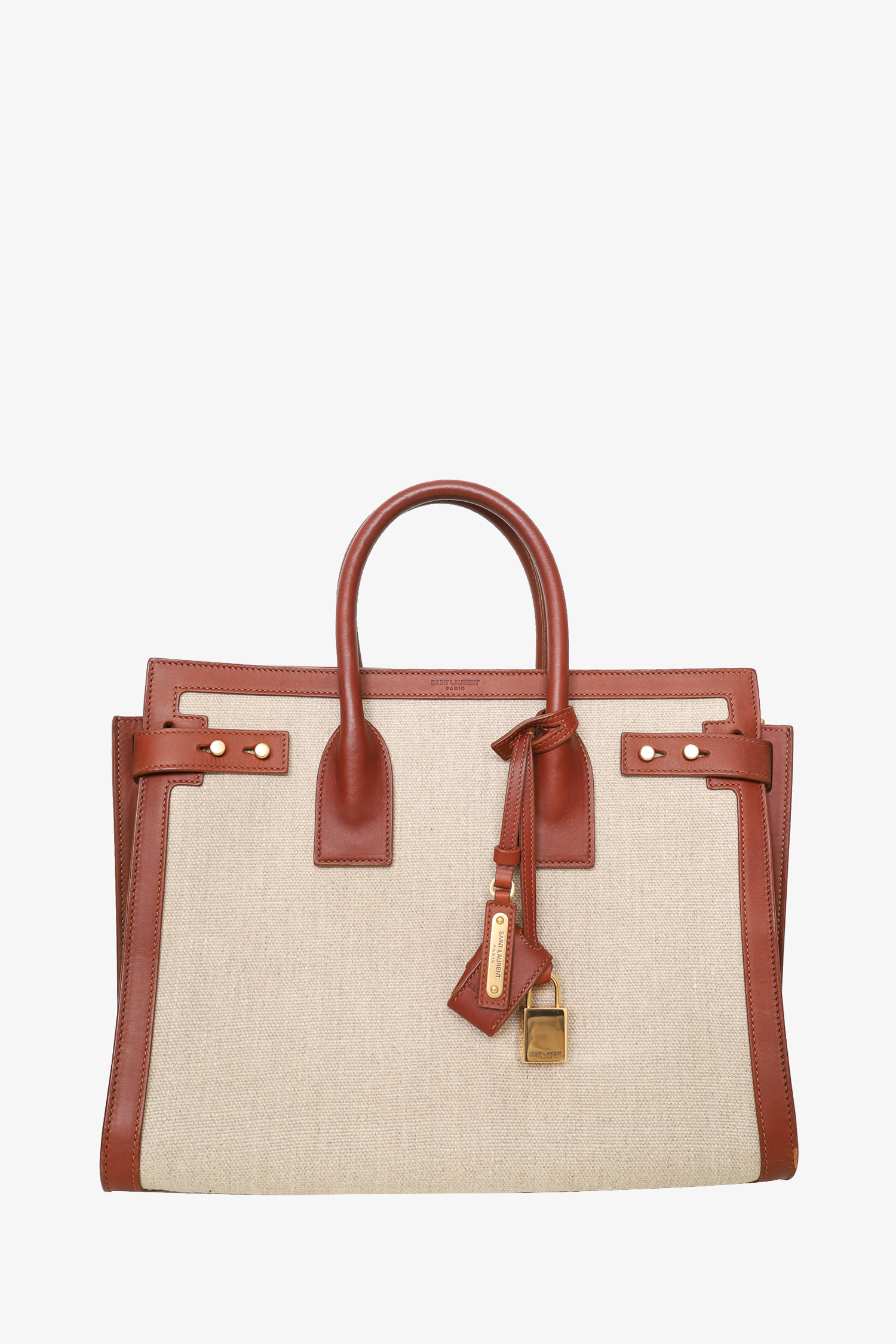 Saint Laurent Brown/Beige Linen Calfskin Medium Souple Sac De Jour Cognac