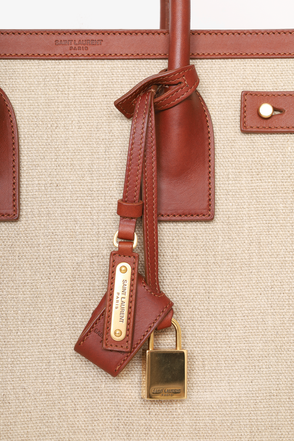 Saint Laurent Brown/Beige Linen Calfskin Medium Souple Sac De Jour Cognac
