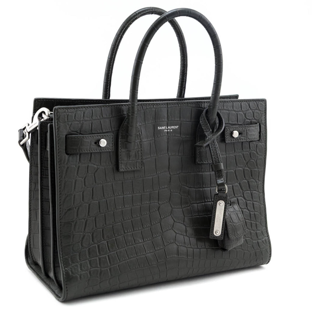 Saint Laurent Dark Green Calfskin Crocodile Embossed Small Sac de Jour
