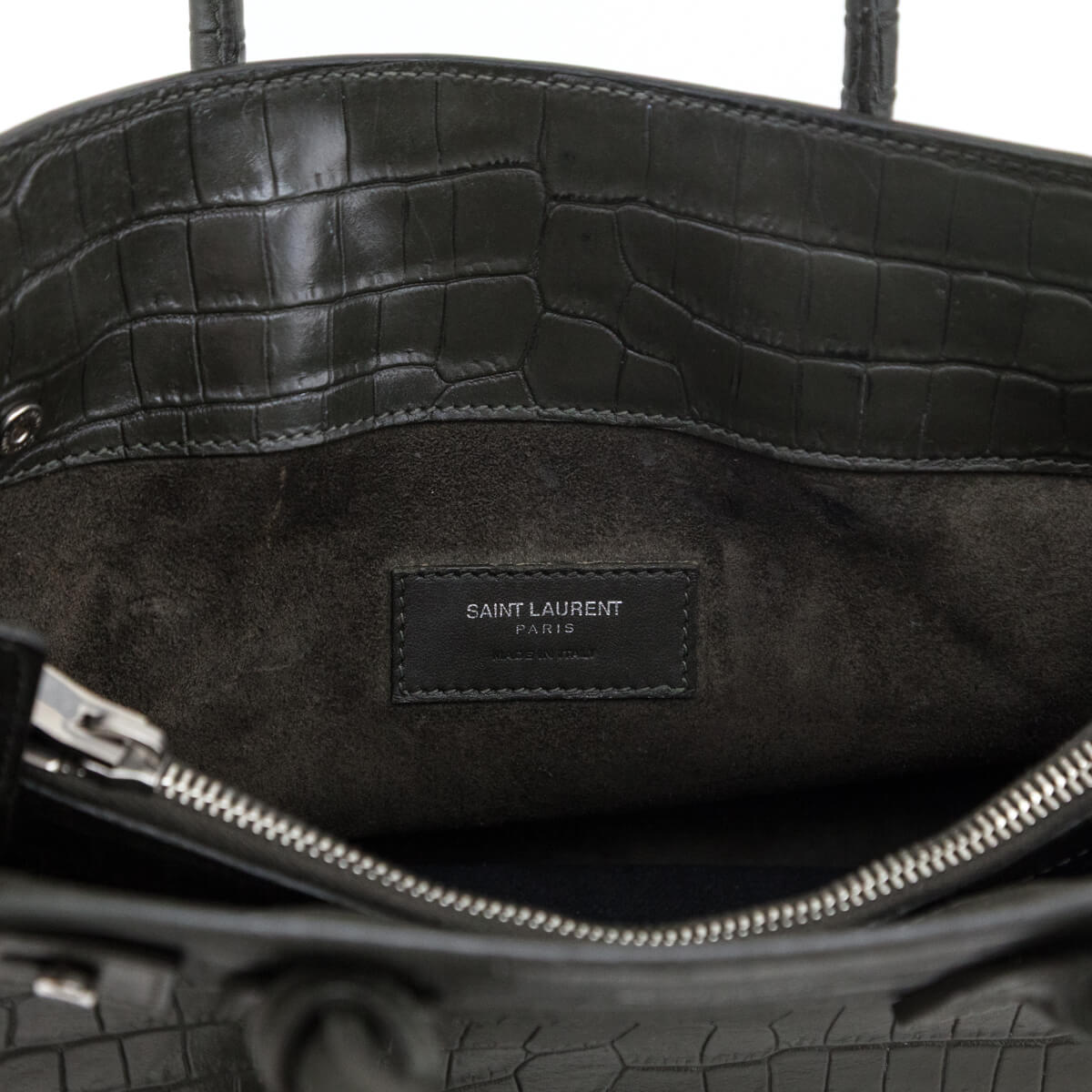 Saint Laurent Dark Green Calfskin Crocodile Embossed Small Sac de Jour