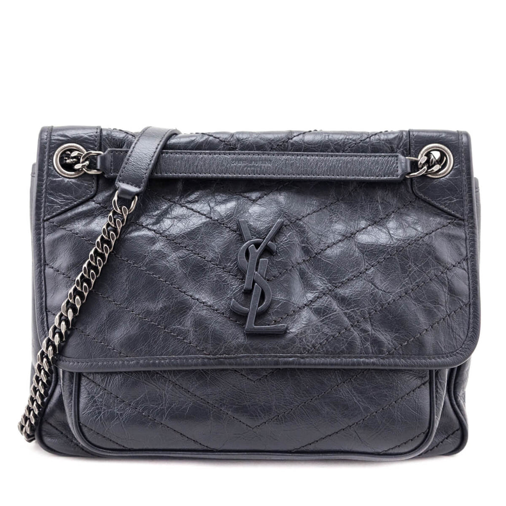 Saint Laurent Fog Crinkled Calfskin Matelasse Monogram Medium Niki Chain Satchel